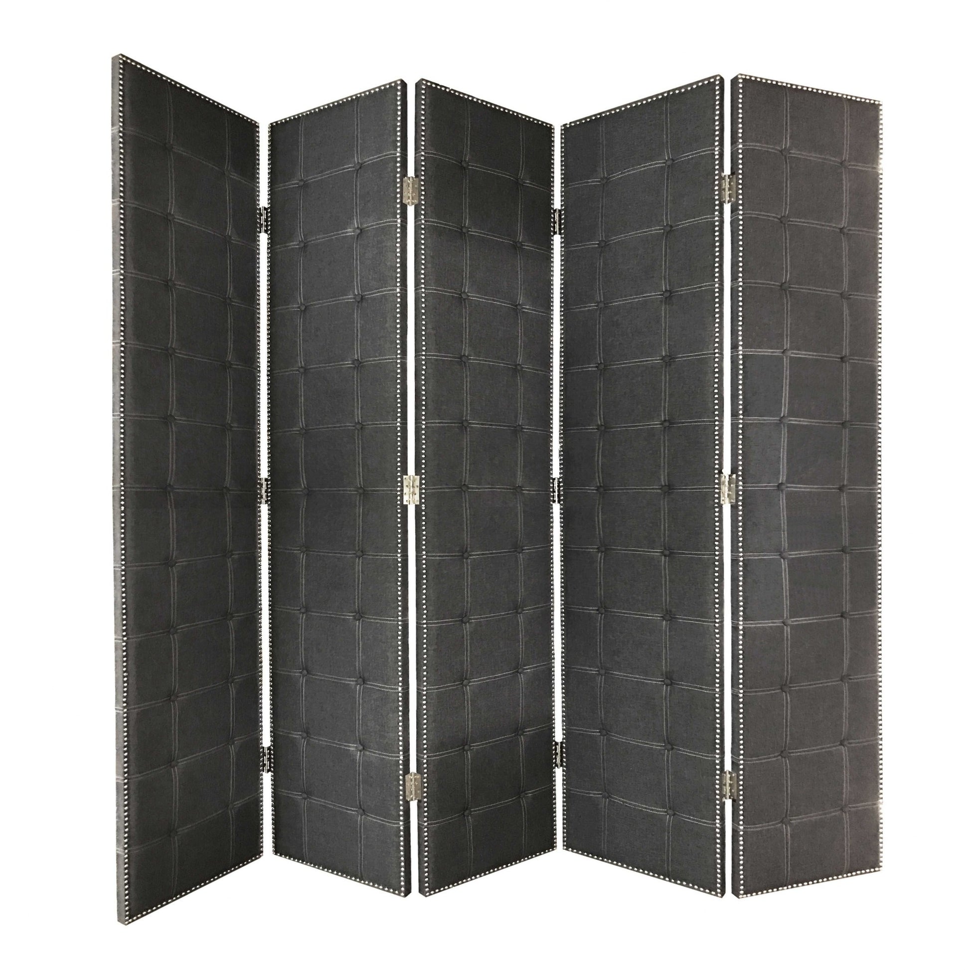 108" Gray Fabric And Wood Folding Five Panel Screen Room Divider-Room Dividers-DECOROLALA