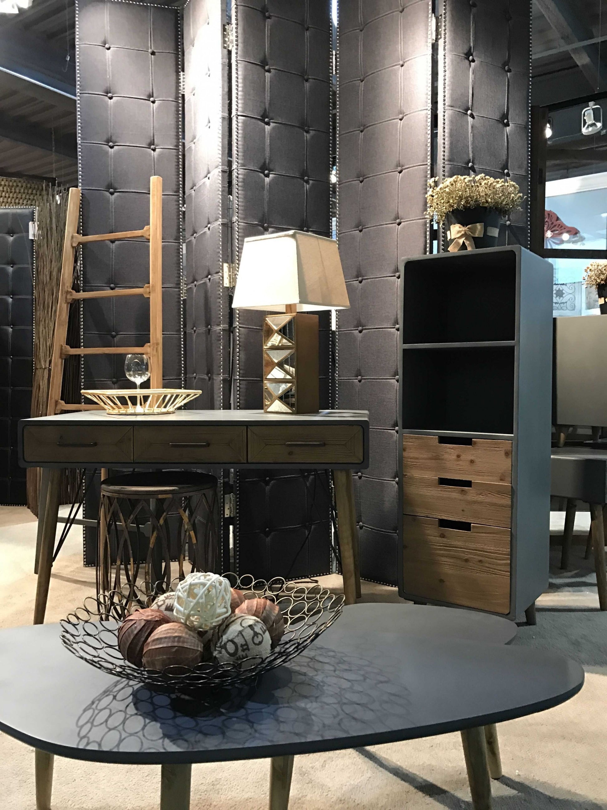 108" Gray Fabric And Wood Folding Five Panel Screen Room Divider-Room Dividers-DECOROLALA