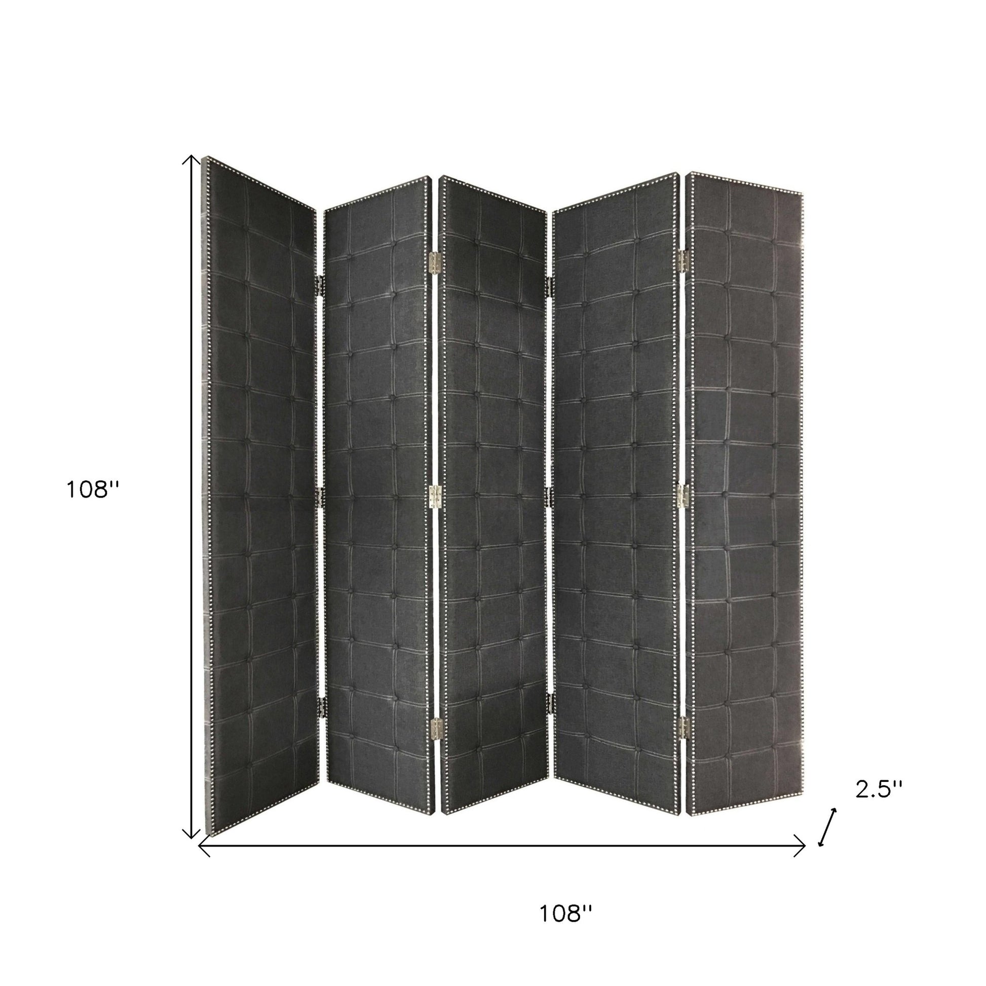 108" Gray Fabric And Wood Folding Five Panel Screen Room Divider-Room Dividers-DECOROLALA