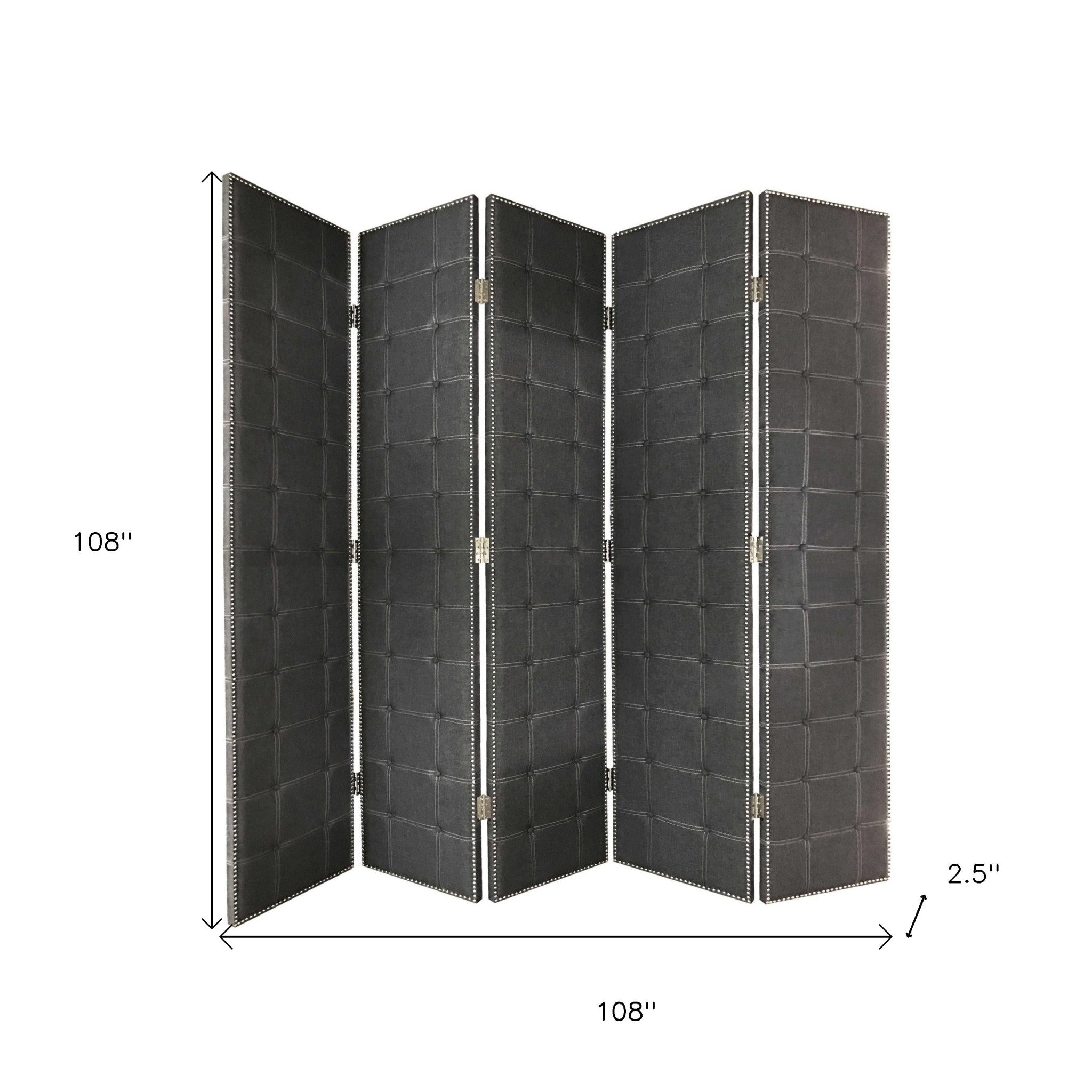 108" Gray Fabric And Wood Folding Five Panel Screen Room Divider-Room Dividers-DECOROLALA