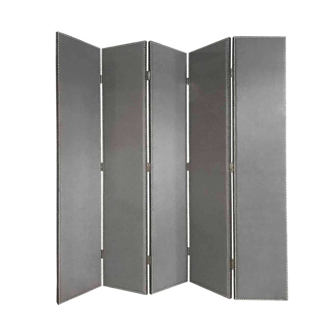 108" Gray Fabric And Wood Folding Five Panel Screen Room Divider-Room Dividers-DECOROLALA