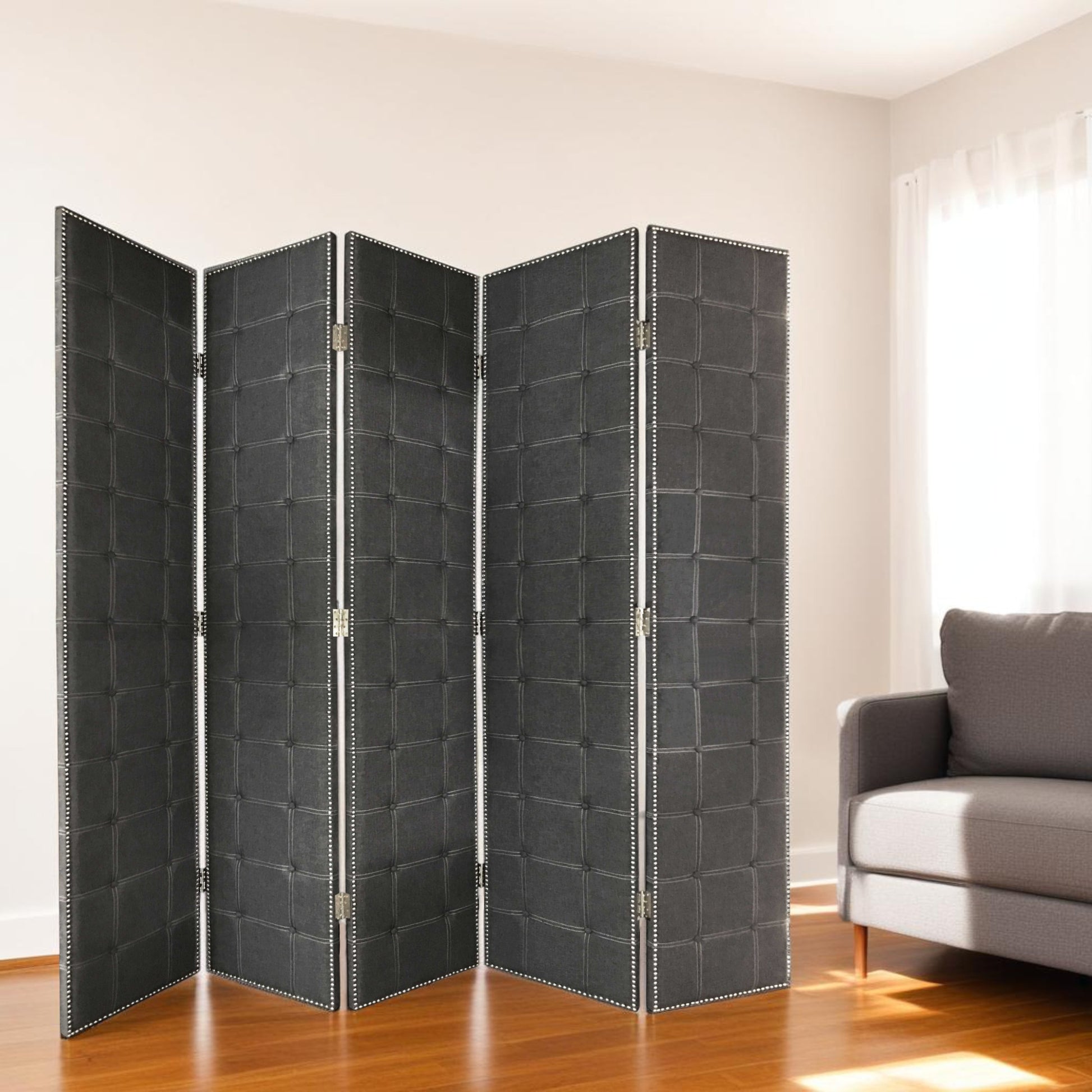 108" Gray Fabric And Wood Folding Five Panel Screen Room Divider-Room Dividers-DECOROLALA