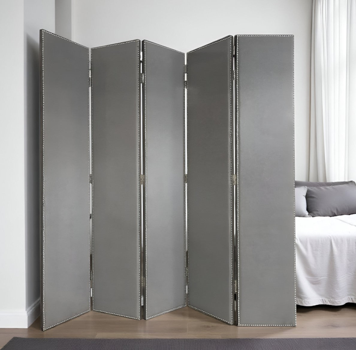 108" Gray Fabric And Wood Folding Five Panel Screen Room Divider-Room Dividers-DECOROLALA