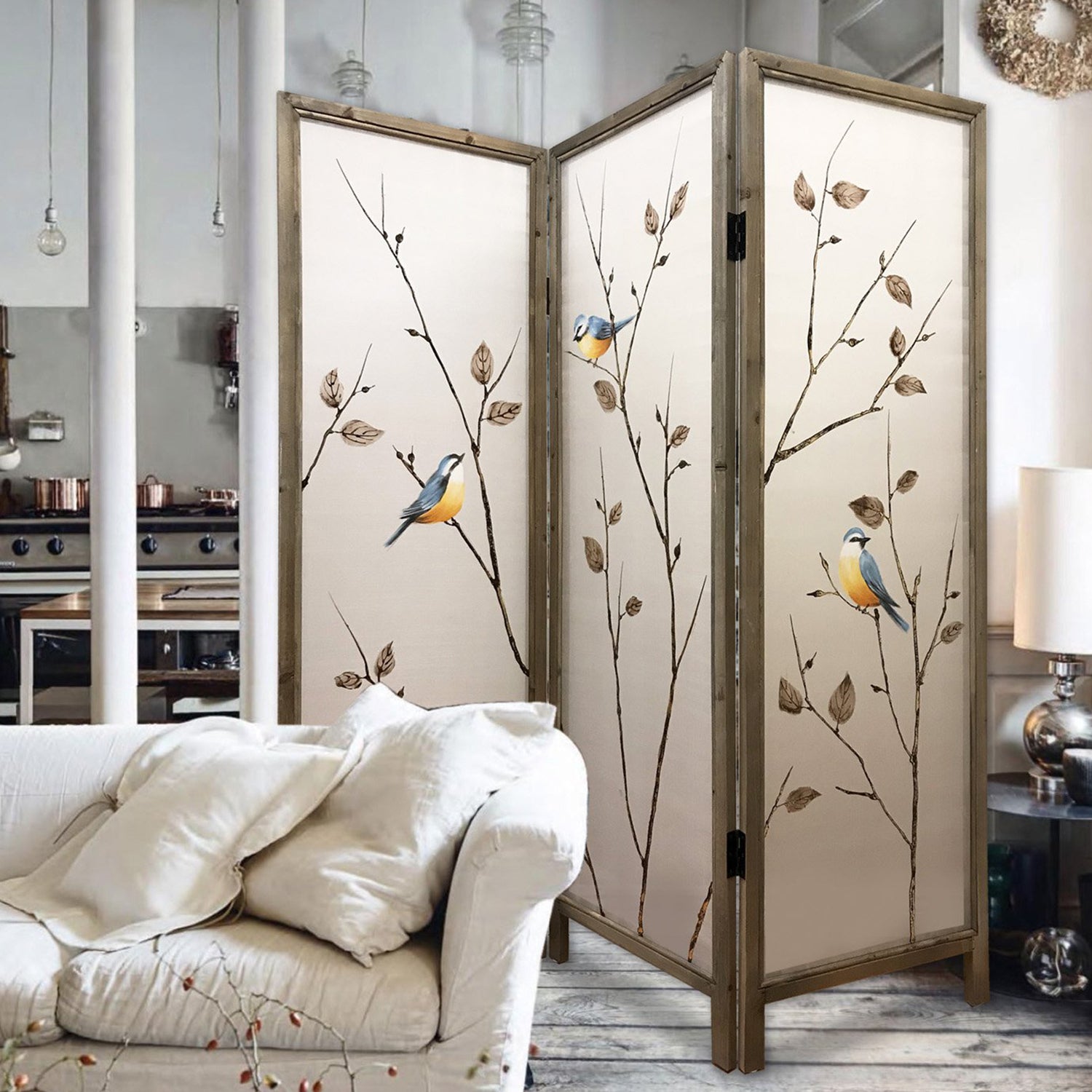 63" Brown Fabric and Wood Folding Three Panel Screen Room Divider-Room Dividers-DECOROLALA