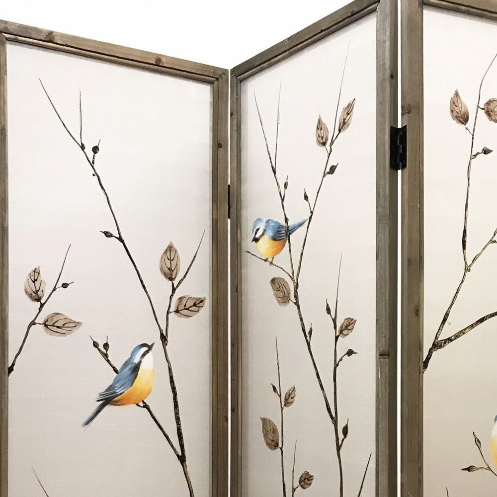 63" Brown Fabric and Wood Folding Three Panel Screen Room Divider-Room Dividers-DECOROLALA
