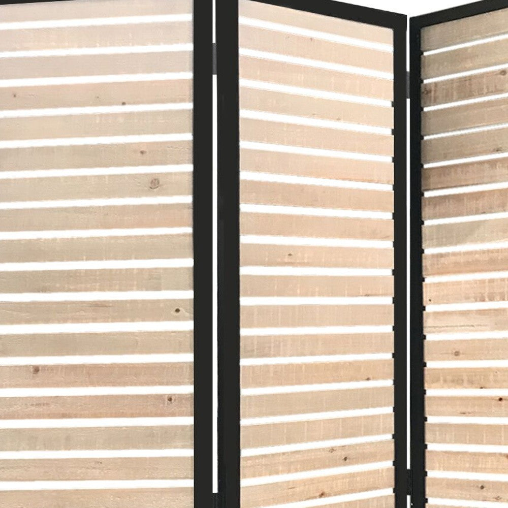 67" Natural Wood and Iron Folding Three Panel Screen Room Divider-Room Dividers-DECOROLALA