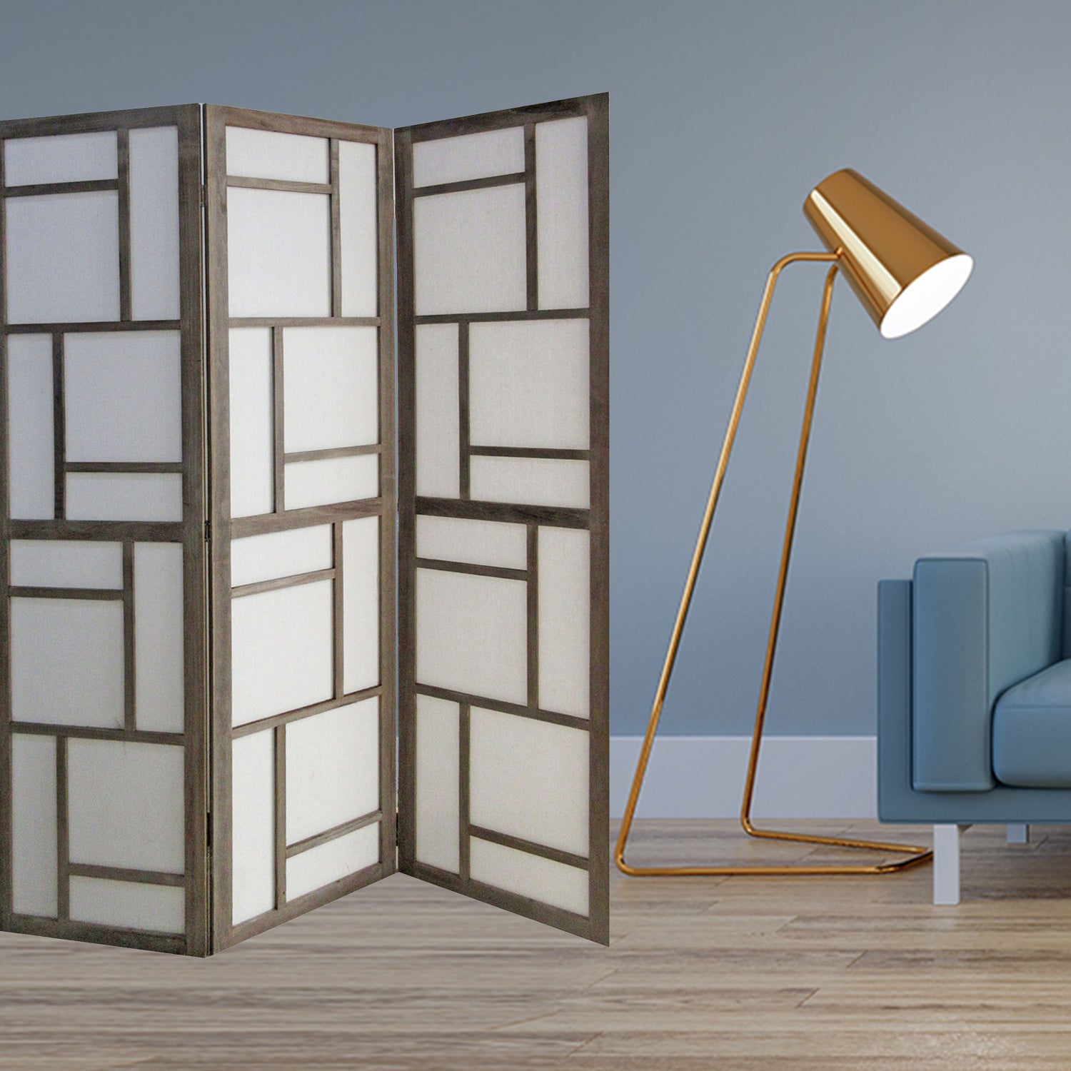 50" Gray and White Wood and Fabric Three Panel Screen Room Divider-Room Dividers-DECOROLALA