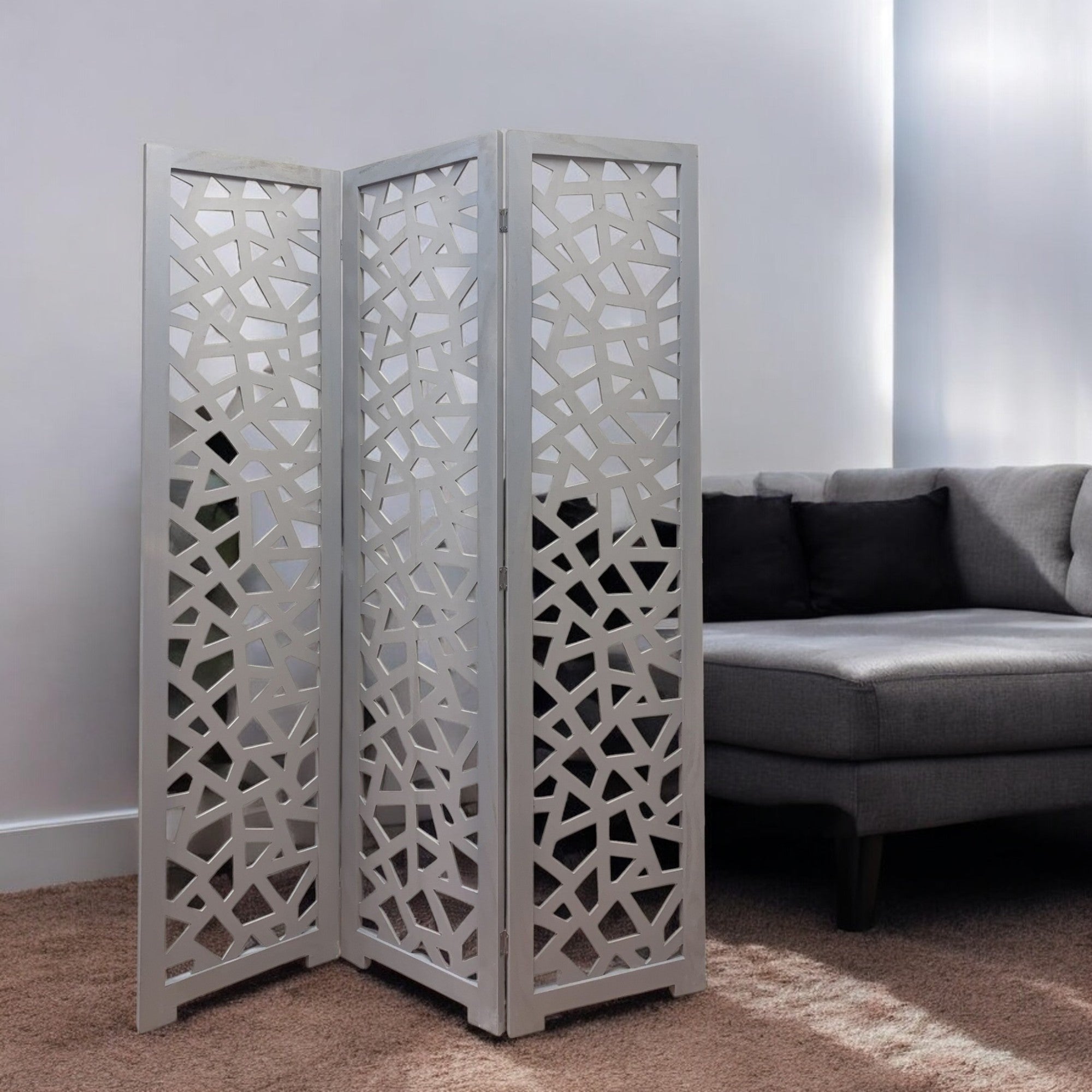 50" Gray Solid Wood Folding Three Panel Screen Room Divider-Room Dividers-DECOROLALA