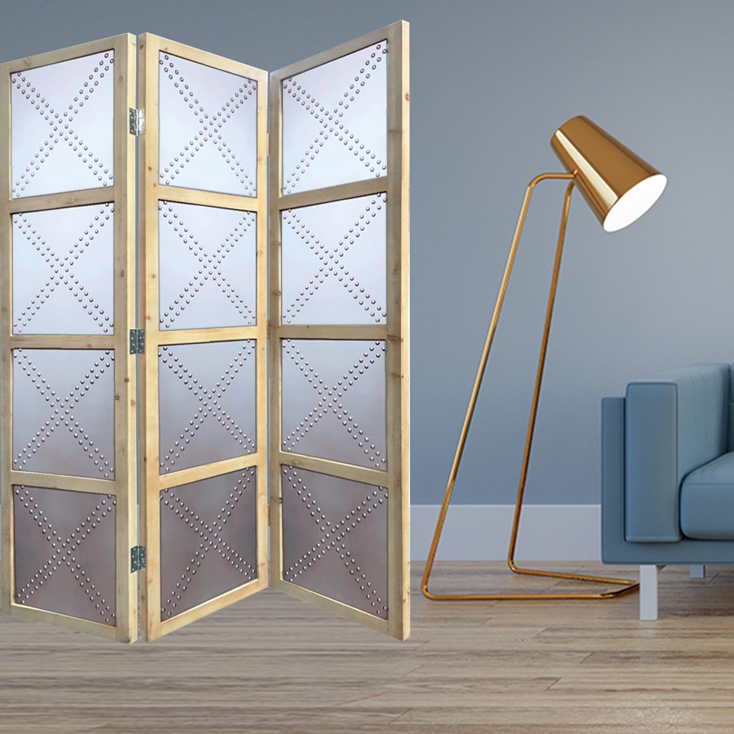 84" Silver Folding Three Panel Screen Room Divider-Room Dividers-DECOROLALA