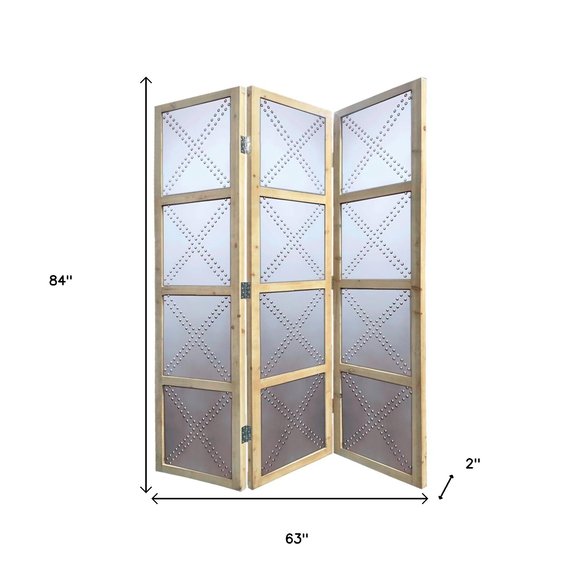 84" Silver Folding Three Panel Screen Room Divider-Room Dividers-DECOROLALA