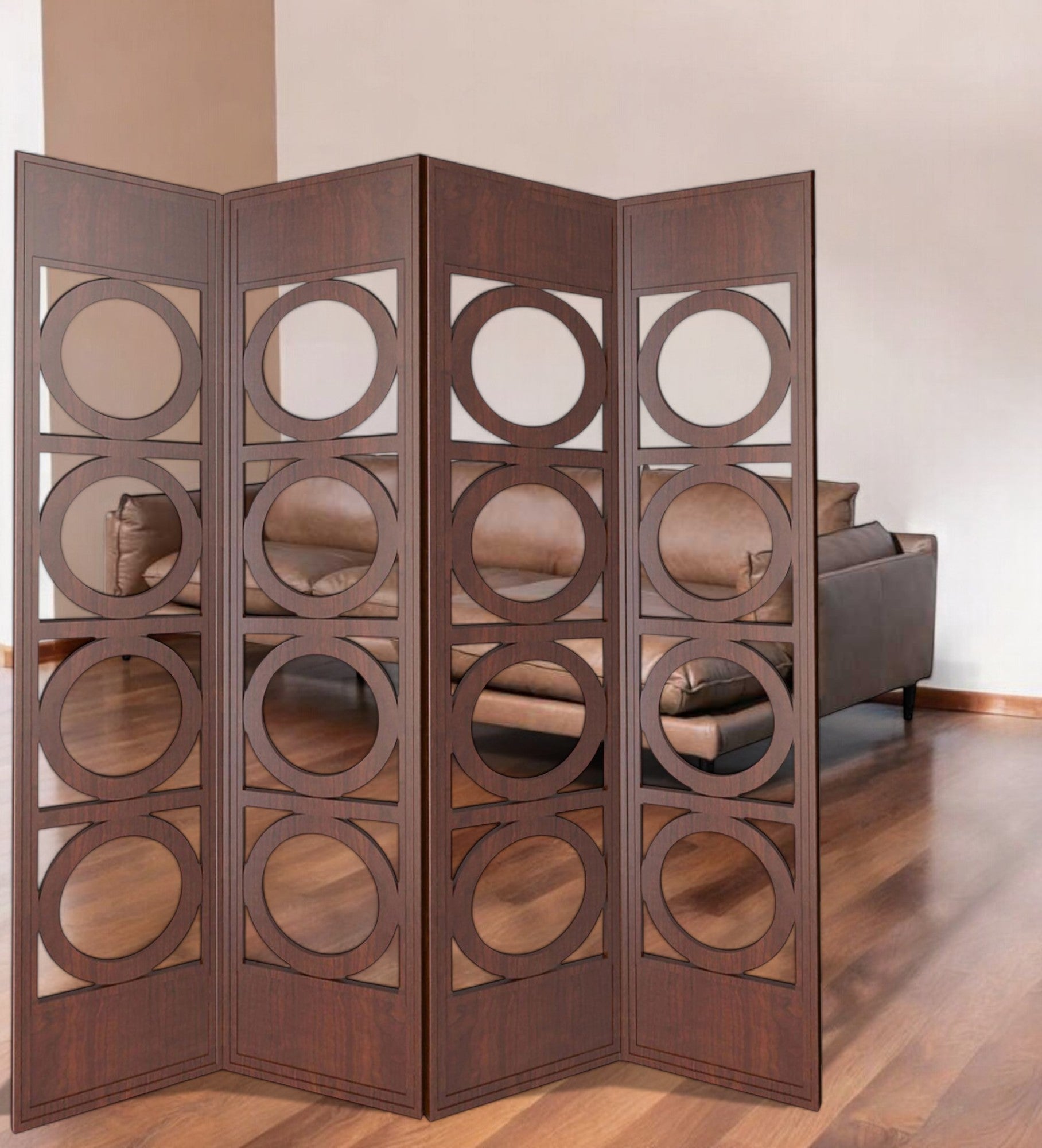 84" Brown Solid Wood Folding Four Panel Screen Room Divider-Room Dividers-DECOROLALA