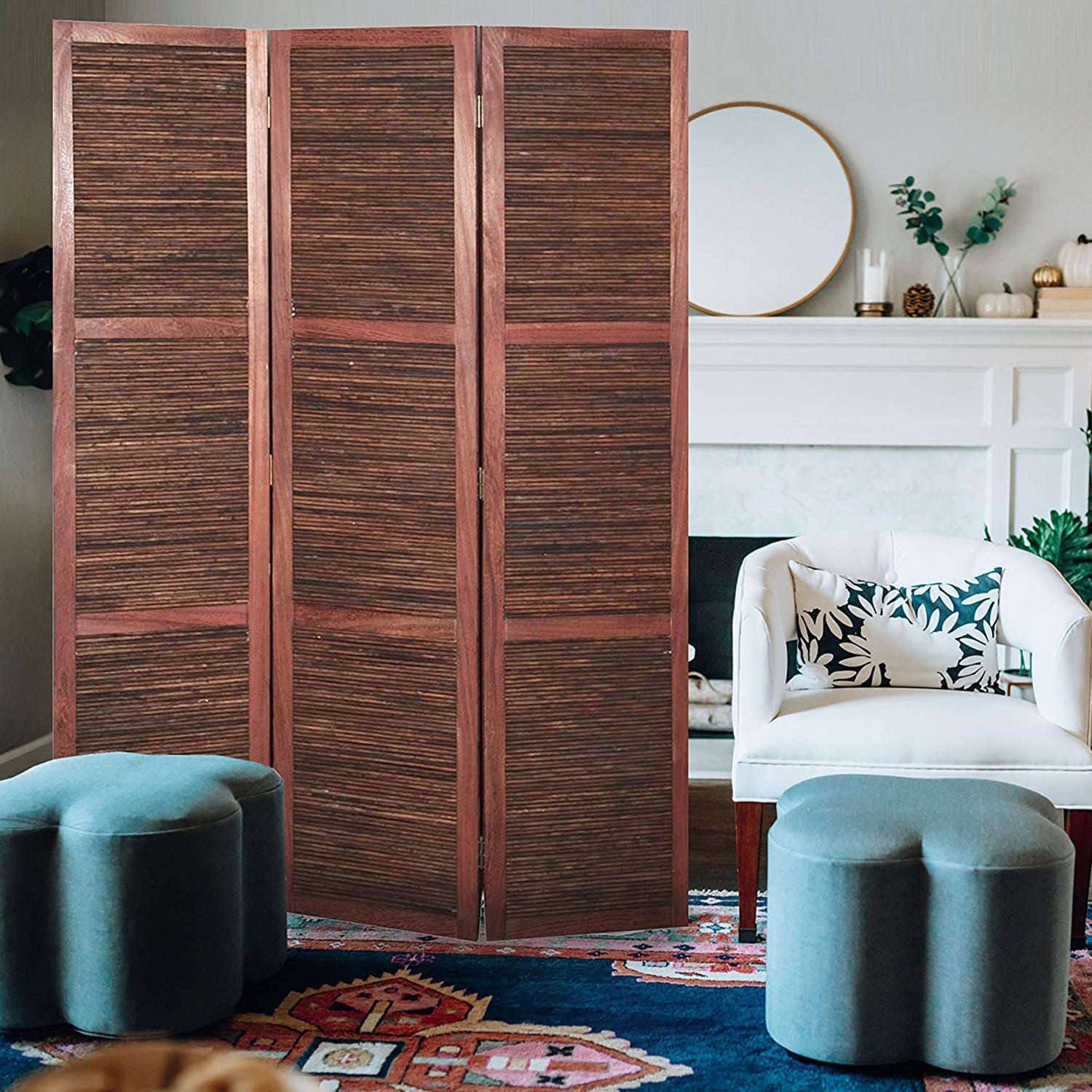 67" Brown Solid and Manufactured Wood Folding Three Panel Screen Room Divider-Room Dividers-DECOROLALA