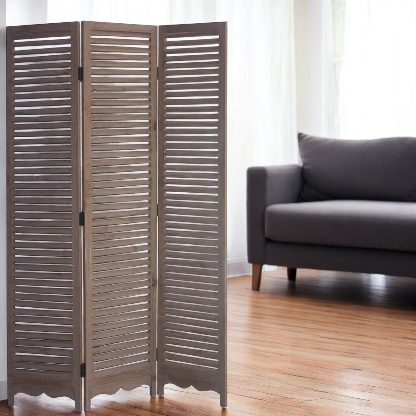 71" Brown Folding Three Panel Screen Room Divider-Room Dividers-DECOROLALA