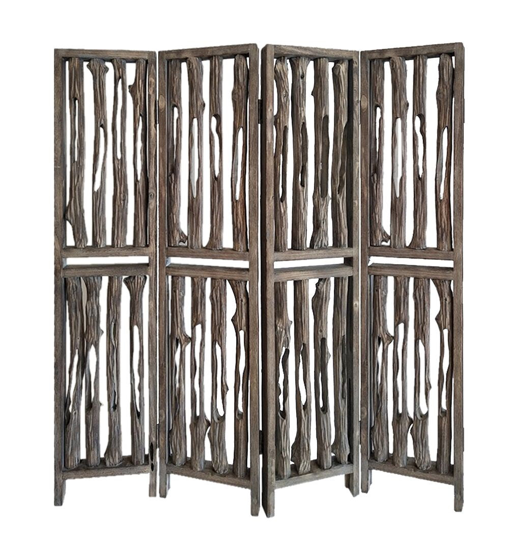 84" Brown Wood Folding Four Panel Screen Room Divider-Room Dividers-DECOROLALA