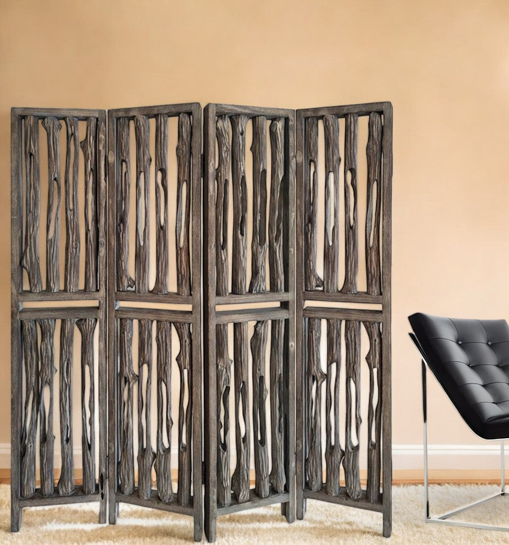 84" Brown Wood Folding Four Panel Screen Room Divider-Room Dividers-DECOROLALA