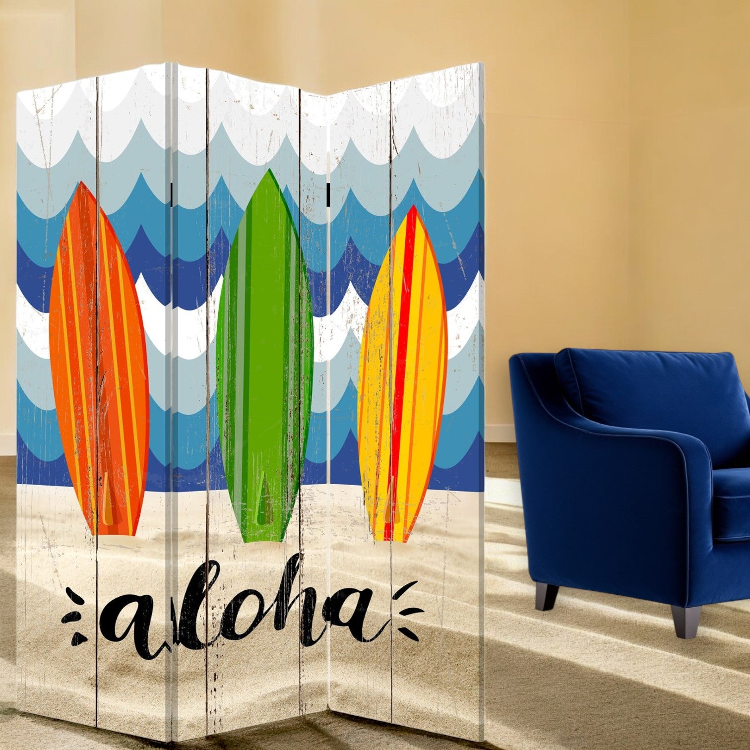 72" Blue and White Canvas Folding Three Panel Screen Room Divider-Room Dividers-DECOROLALA