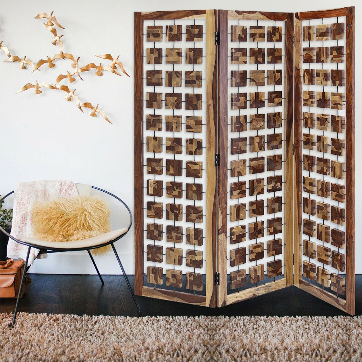 72" Brown Solid Wood Folding Three Panel Screen Room Divider-Room Dividers-DECOROLALA