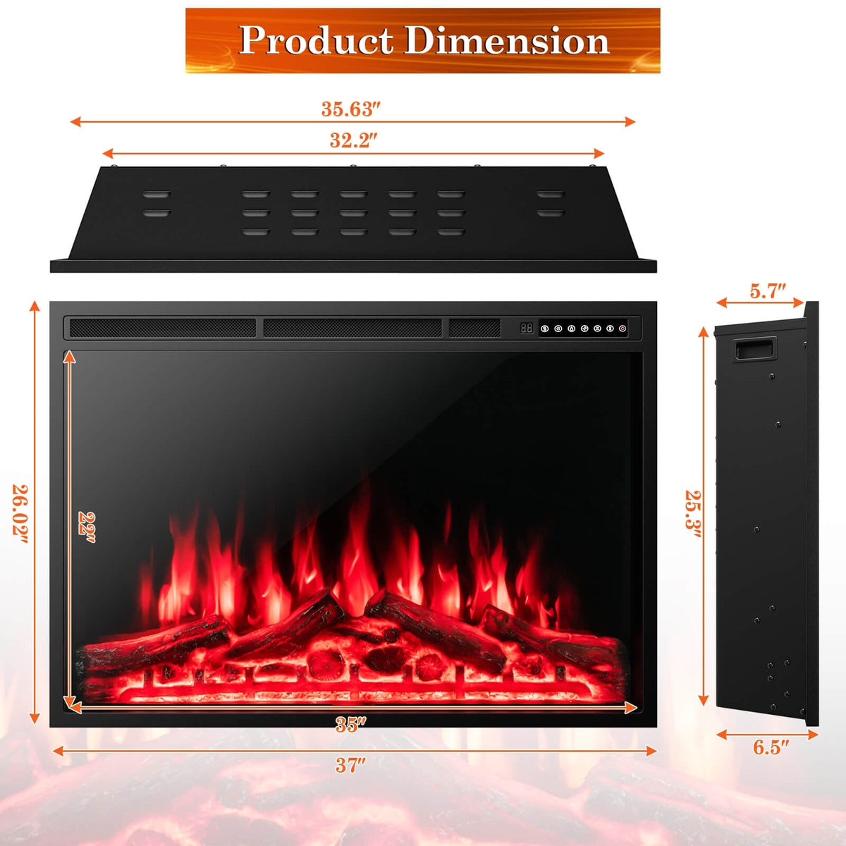 34/37 Inch Electric Fireplace Recessed with Adjustable Flames-Fireplaces-DECOROLALA