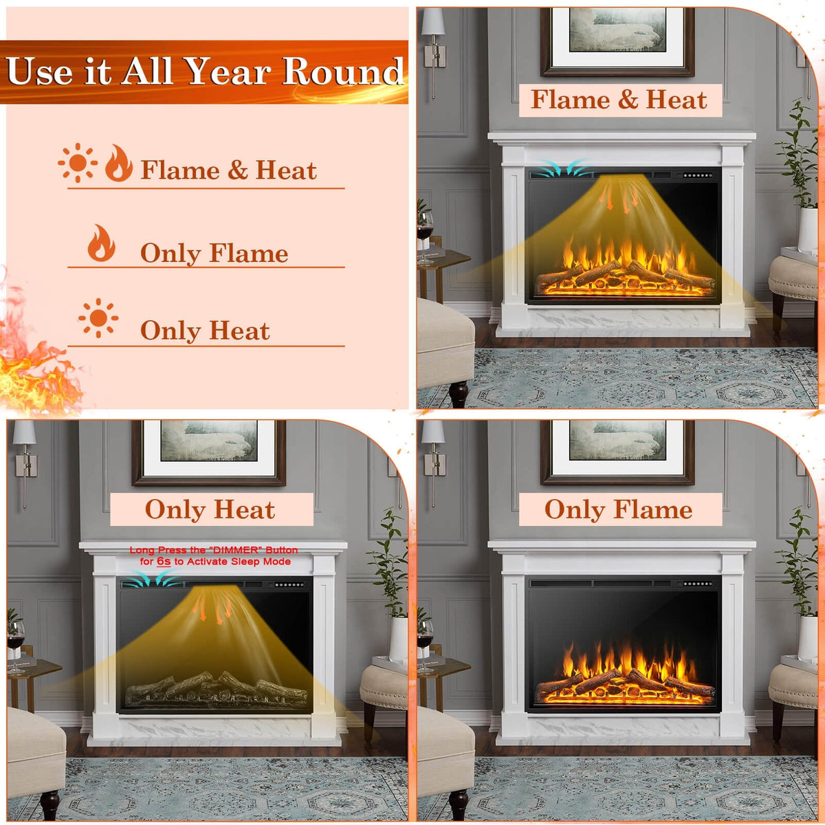 34/37 Inch Electric Fireplace Recessed with Adjustable Flames-Fireplaces-DECOROLALA