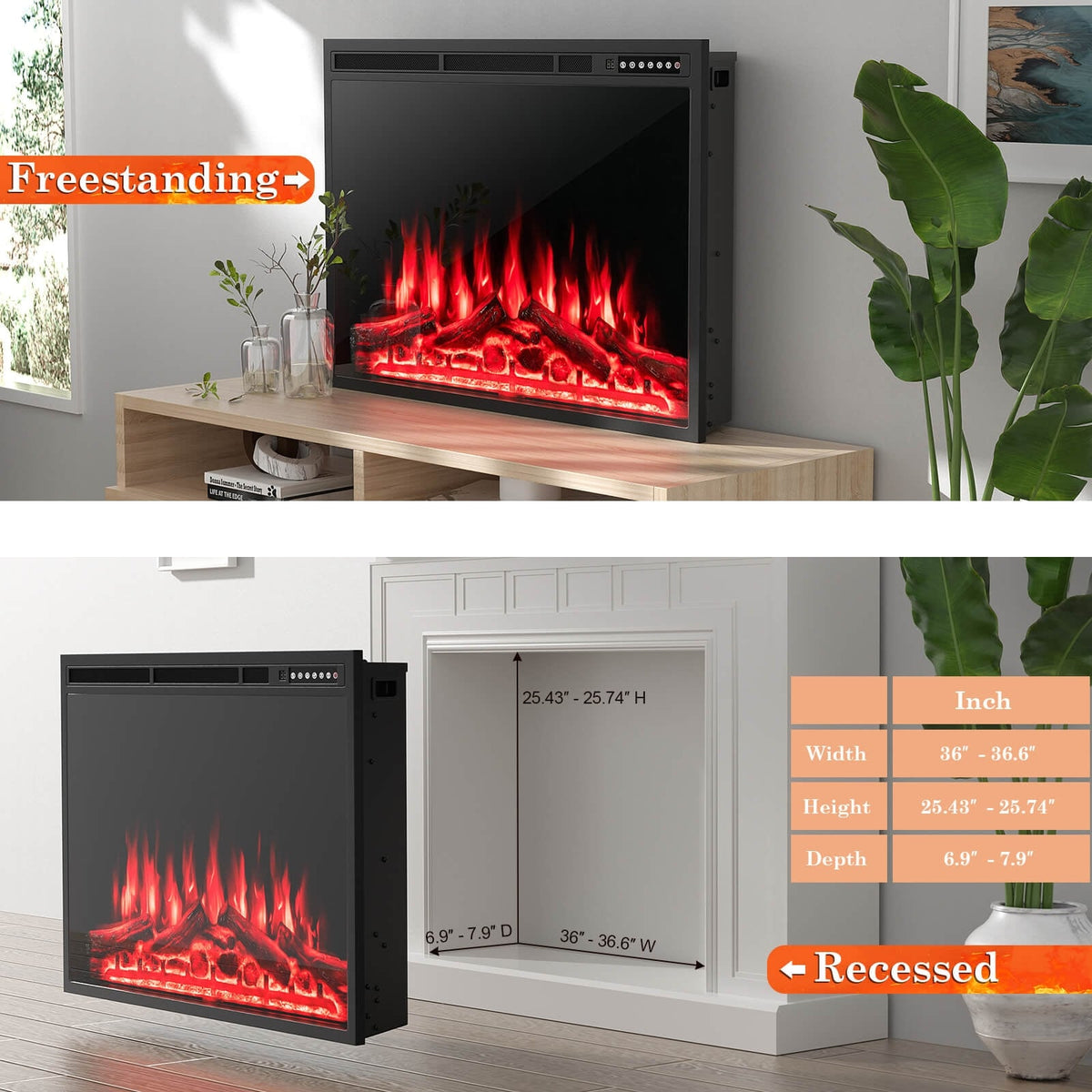 34/37 Inch Electric Fireplace Recessed with Adjustable Flames-Fireplaces-DECOROLALA