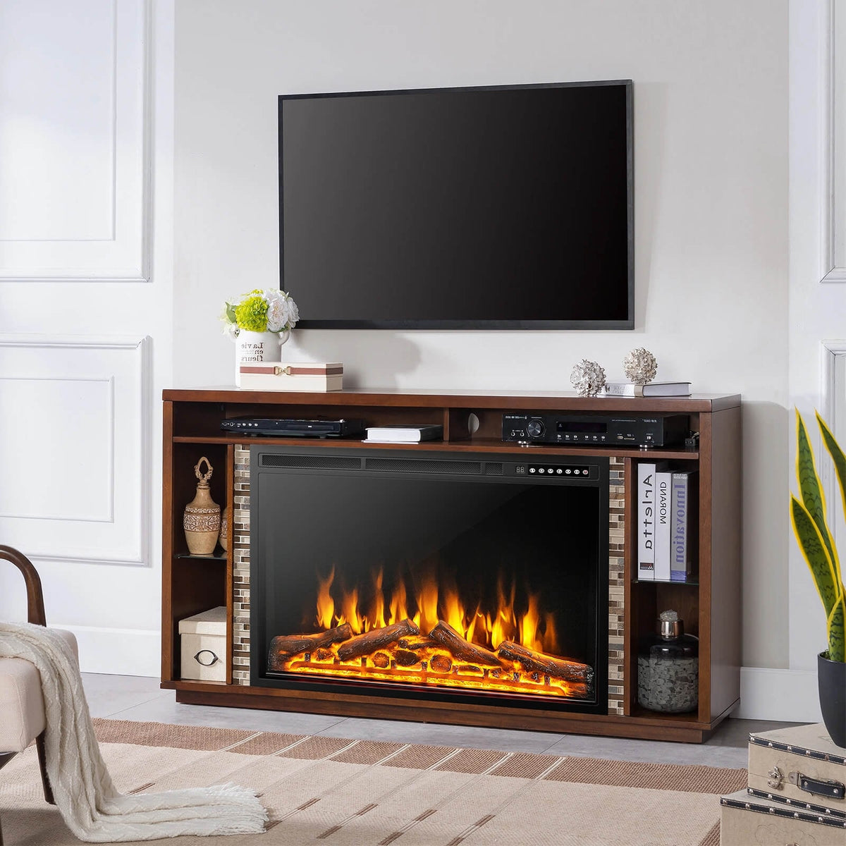 34/37 Inch Electric Fireplace Recessed with Adjustable Flames-Fireplaces-DECOROLALA