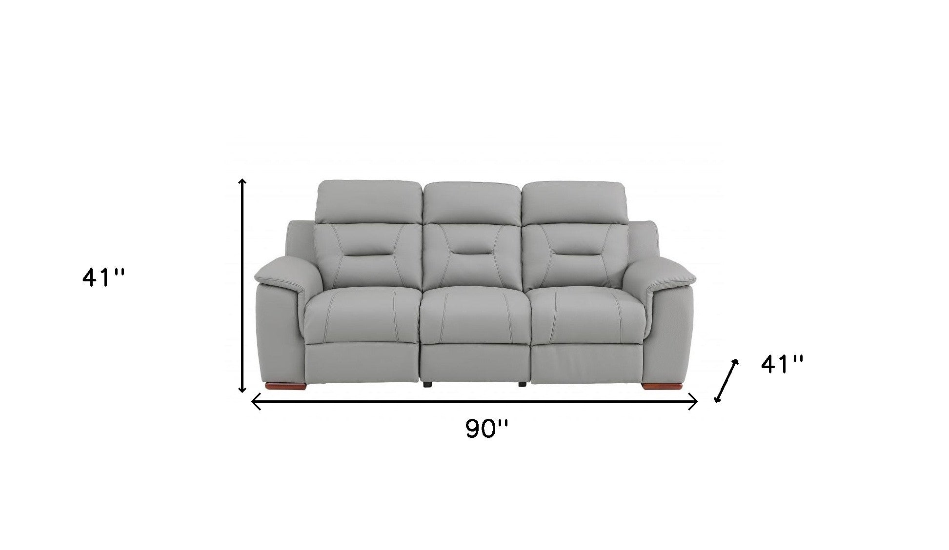 90" Gray Faux Leather Reclining Sofa With Brown Legs-8