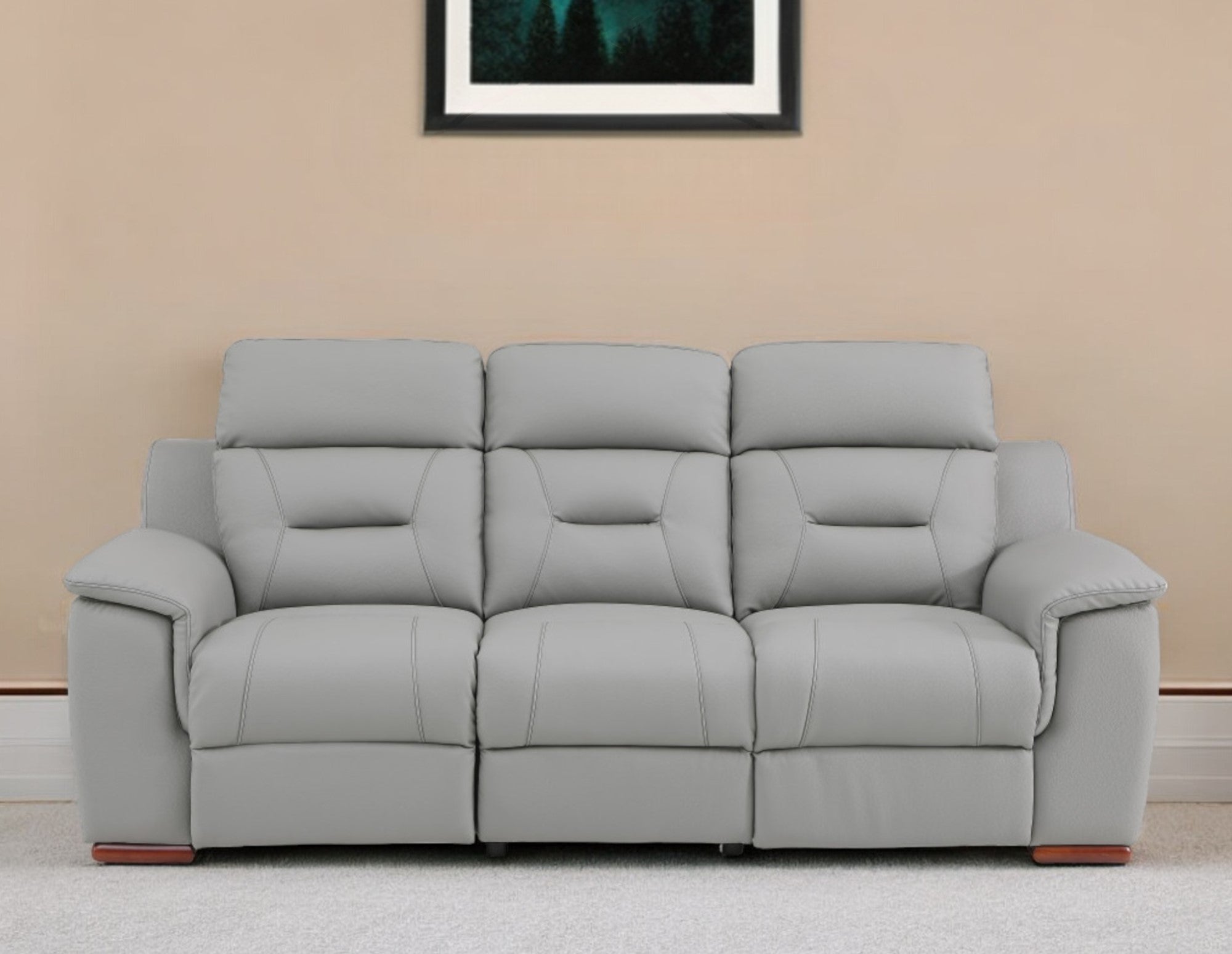 90" Gray Faux Leather Reclining Sofa With Brown Legs-1
