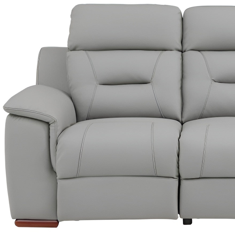 90" Gray Faux Leather Reclining Sofa With Brown Legs-7