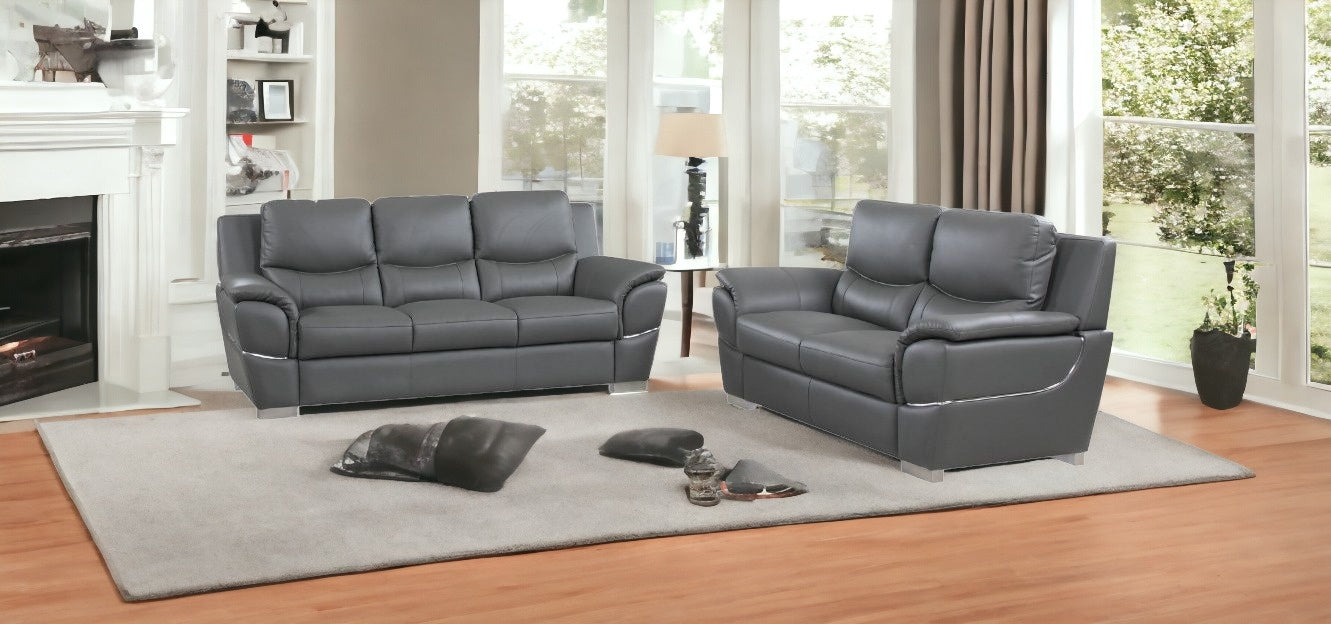 Two Piece Indoor Gray Genuine Leather Five Person Seating Set-Seating Sets-DECOROLALA
