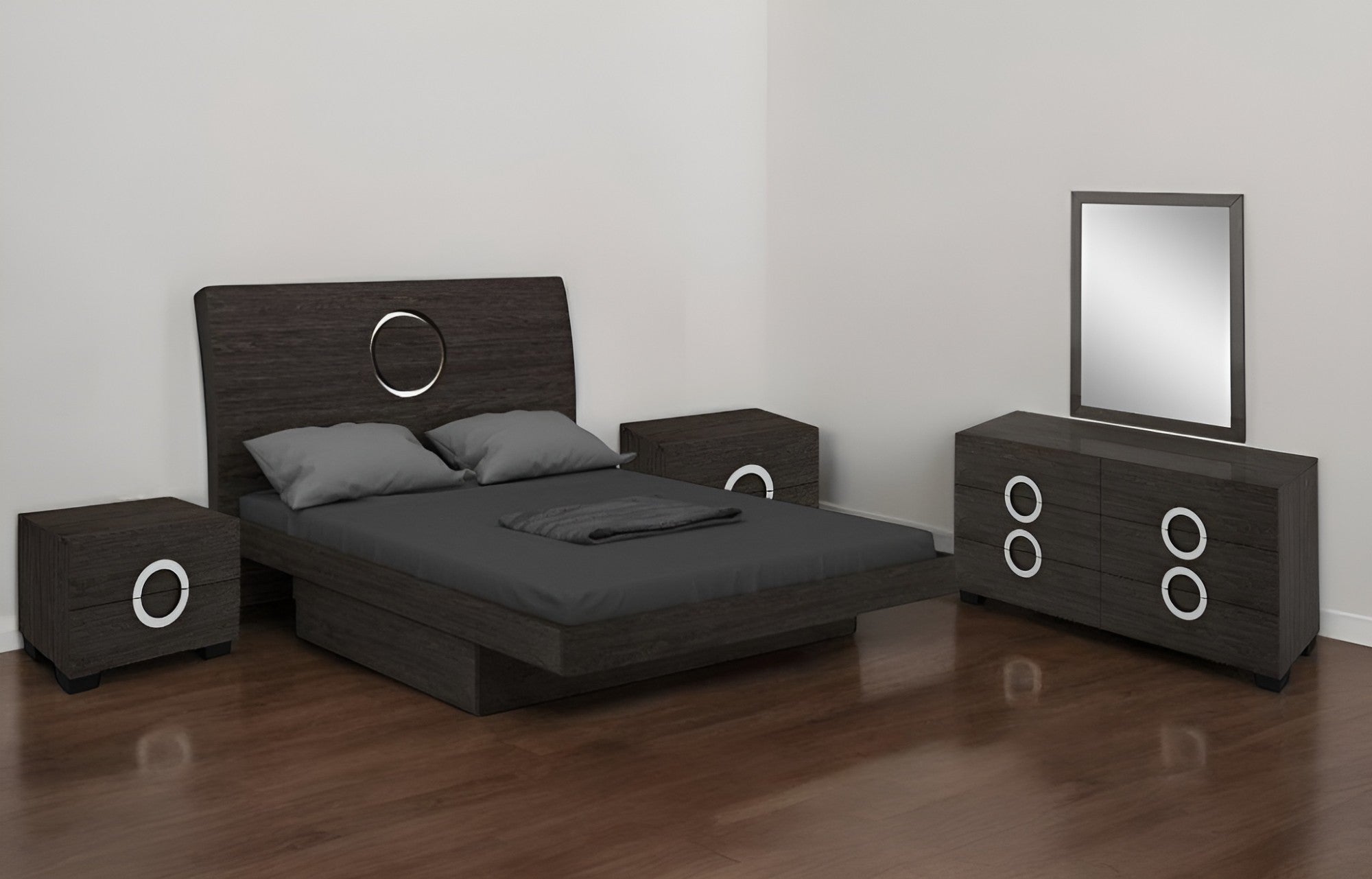 Four Piece Gray Solid Wood Bedroom Set With Mirror-Bedroom Furniture Sets-DECOROLALA