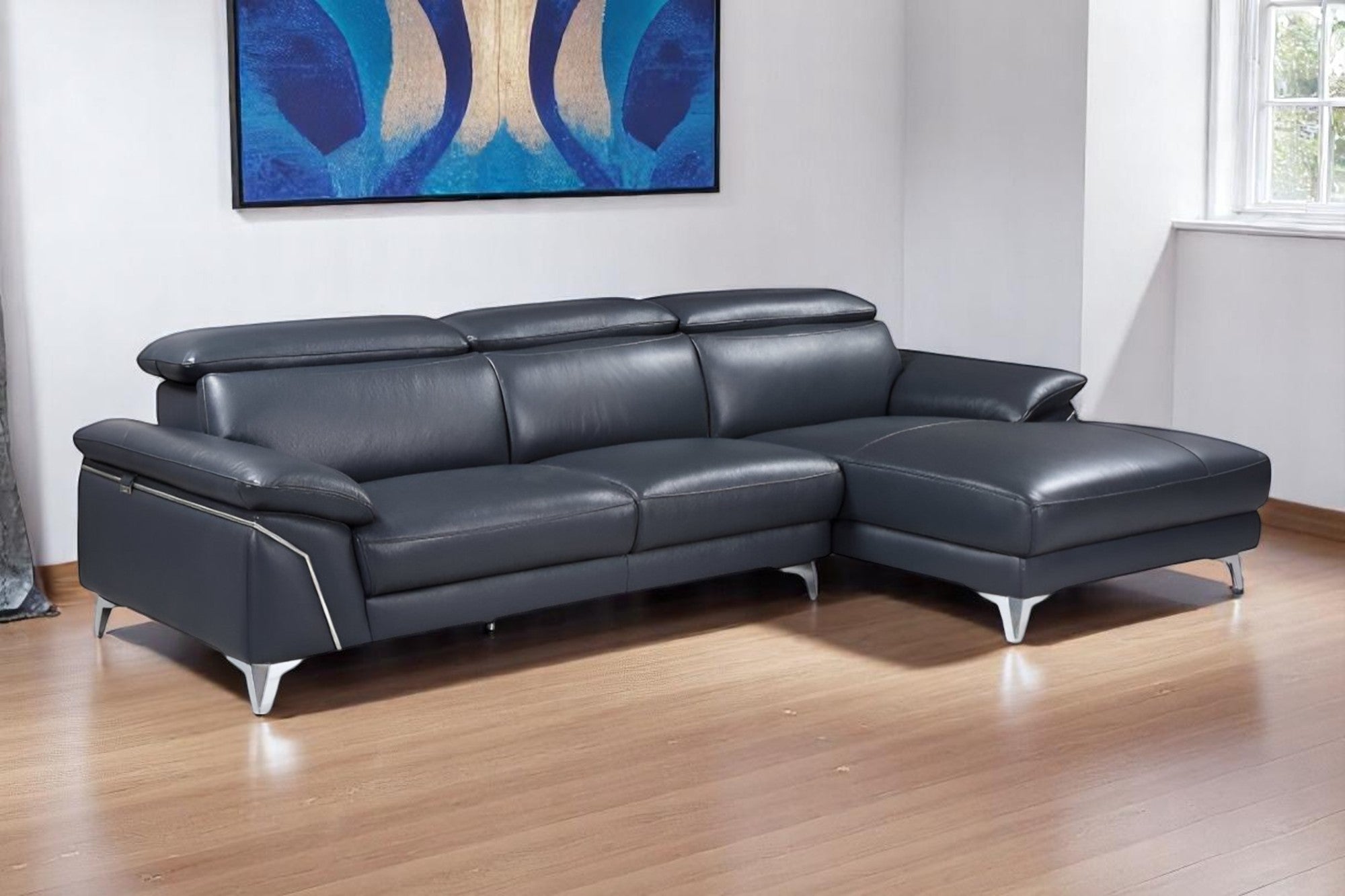 Navy Blue Italian Leather L Shaped Two Piece Sofa and Chaise Sectional-0