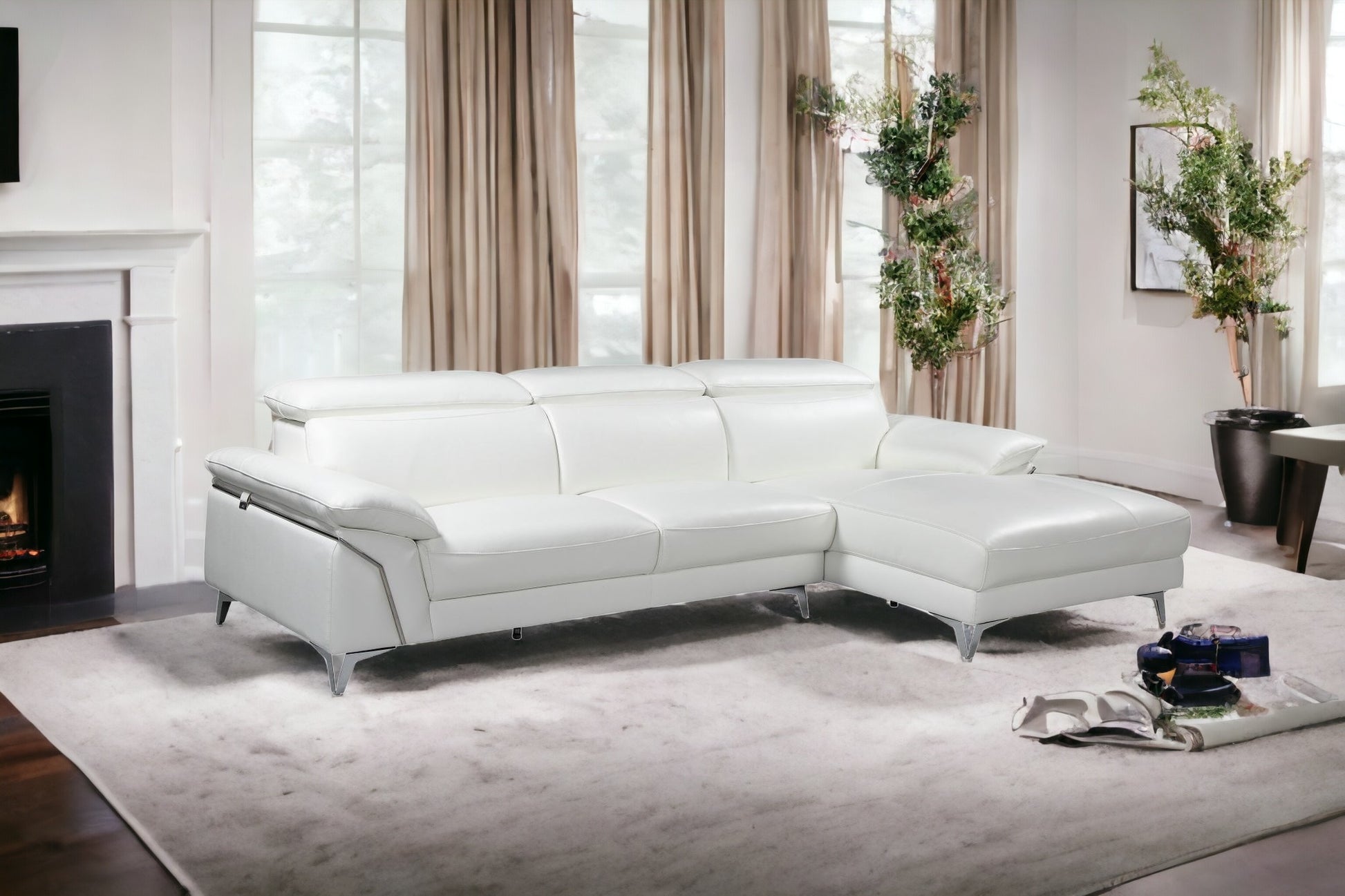 White Italian Leather L Shaped Two Piece Sofa and Chaise Sectional-1