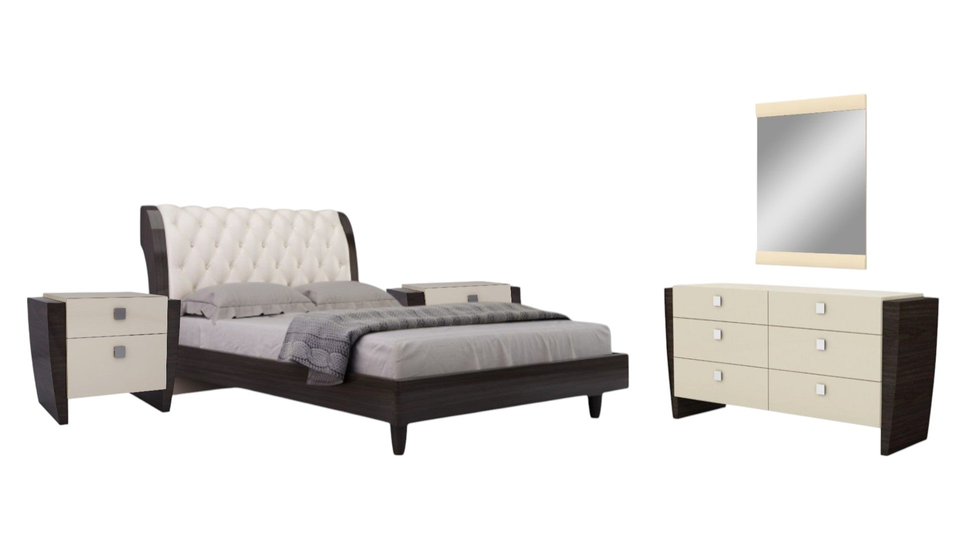 Four Piece Beige Solid and Manufactured Wood Bedroom Set With Mirror-Bedroom Furniture Sets-DECOROLALA