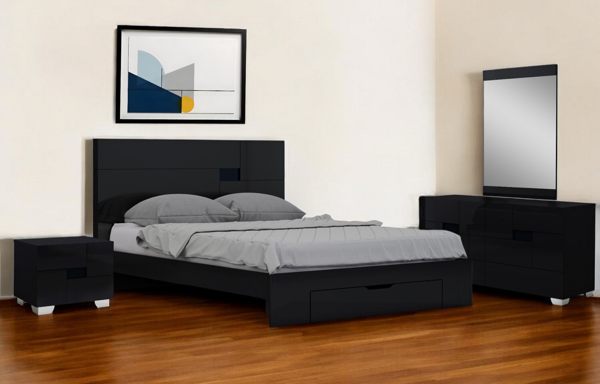 Four Piece Black Solid Wood Bedroom Set With Mirror-Bedroom Furniture Sets-DECOROLALA