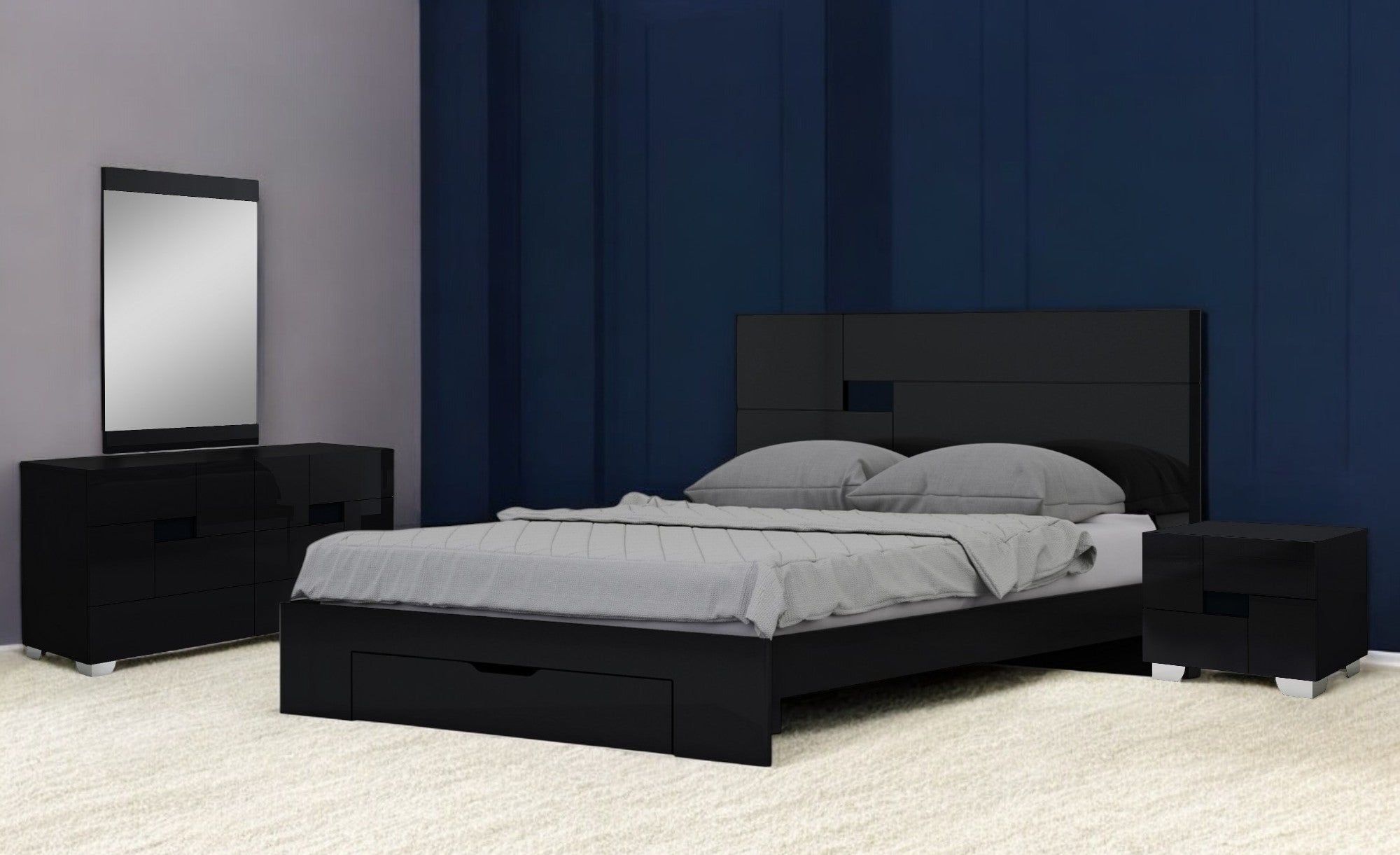 Four Piece Black Solid Wood Bedroom Set With Mirror-Bedroom Furniture Sets-DECOROLALA