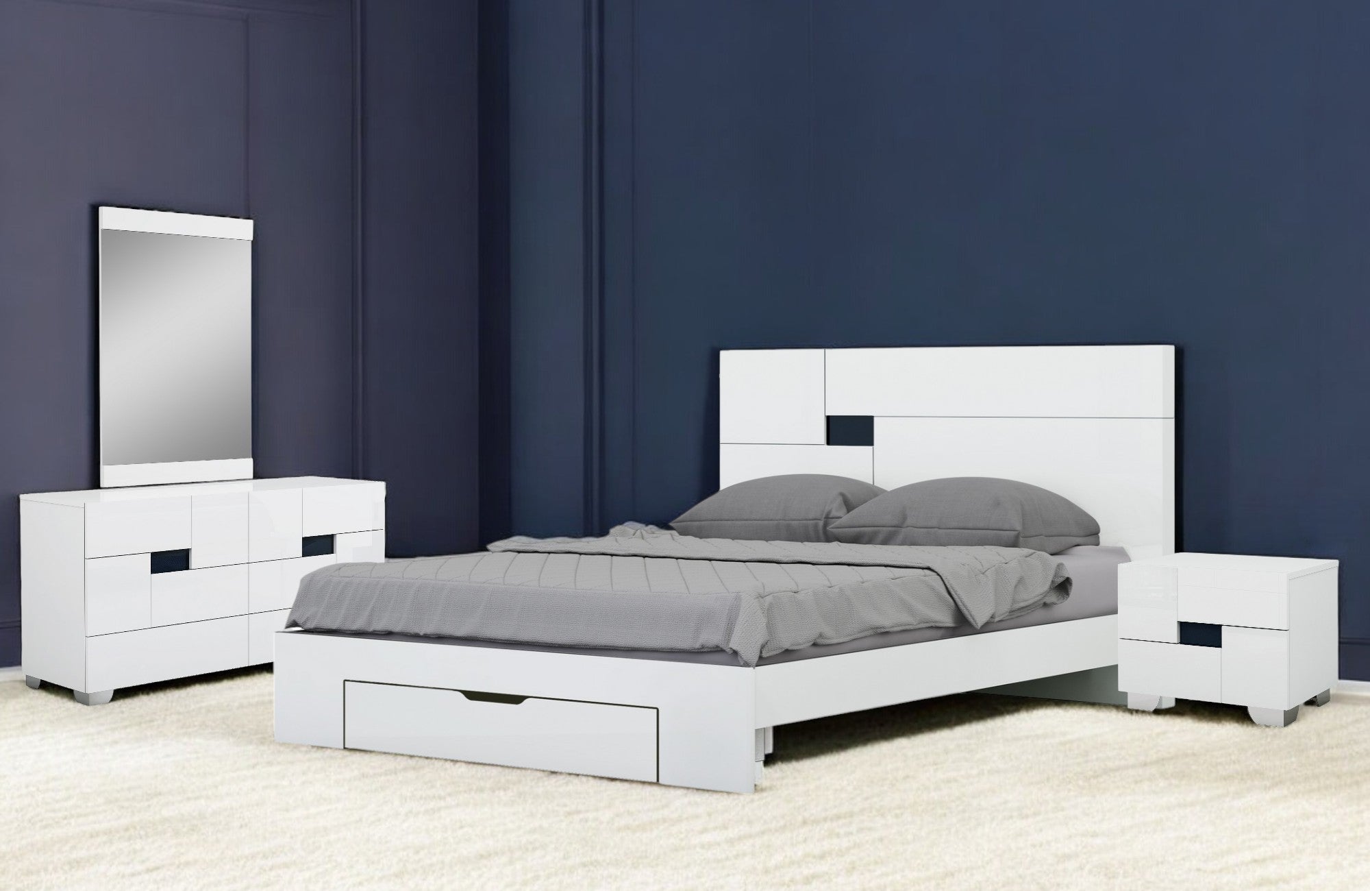 Four Piece White Solid Wood Bedroom Set With Mirror-Bedroom Furniture Sets-DECOROLALA