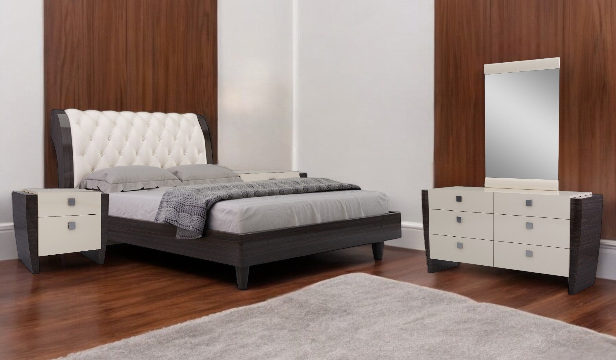 Four Piece Beige Solid Wood Bedroom Set With Mirror-Bedroom Furniture Sets-DECOROLALA
