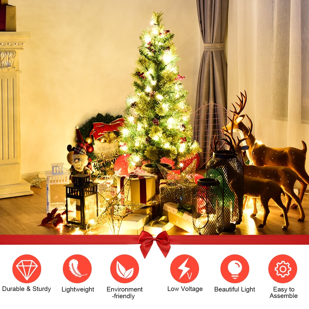 3'/4'/5' LED Christmas Entrance Tree w/ Red Berries Pine Cones-3'-Christmas Trees-DECOROLALA