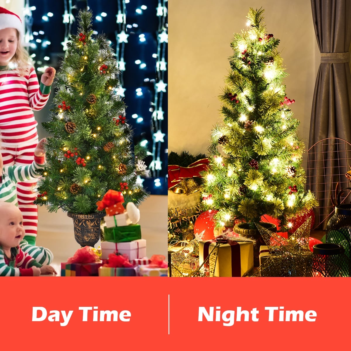 3'/4'/5' LED Christmas Entrance Tree w/ Red Berries Pine Cones-3'-Christmas Trees-DECOROLALA