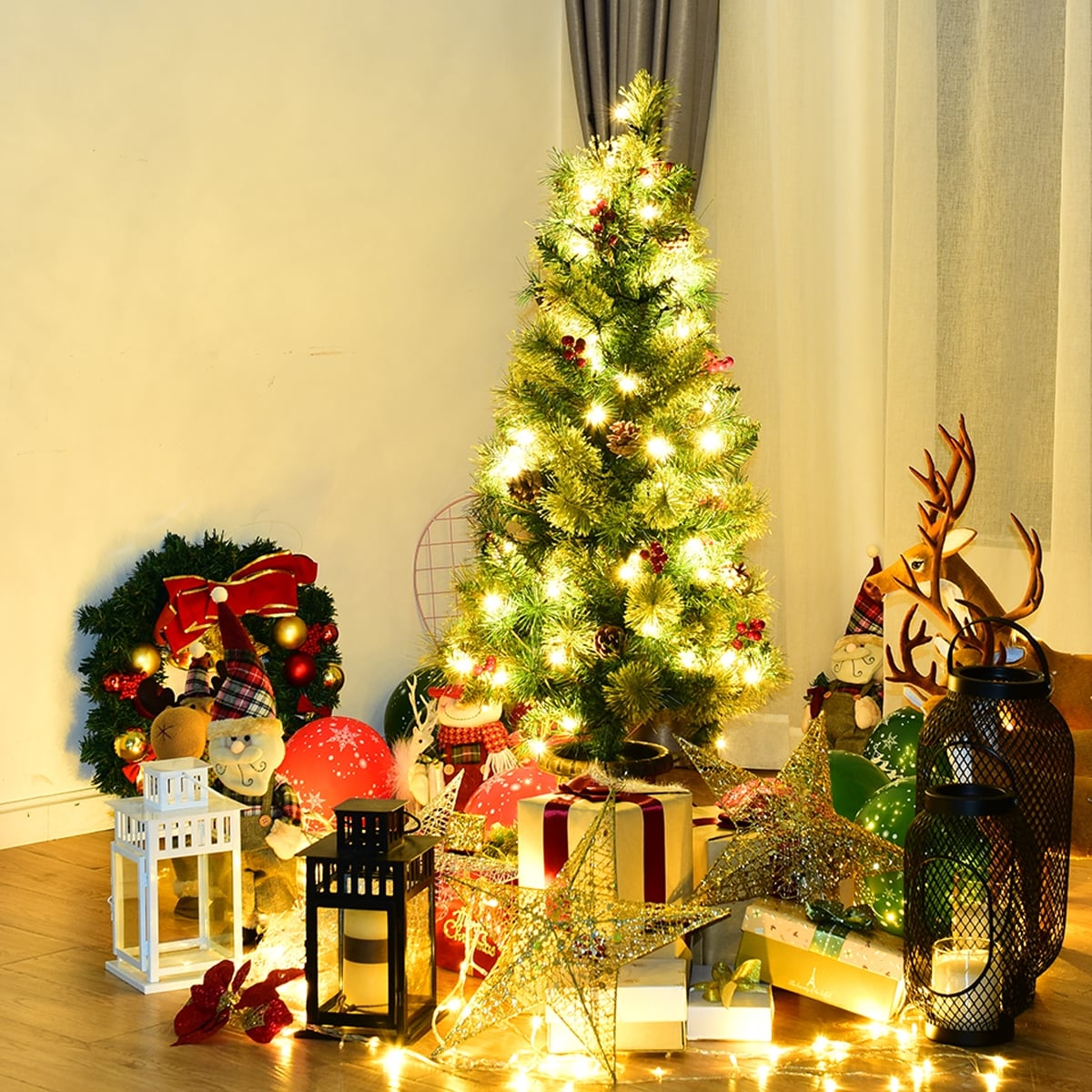 3'/4'/5' LED Christmas Entrance Tree w/ Red Berries Pine Cones-3'-Christmas Trees-DECOROLALA