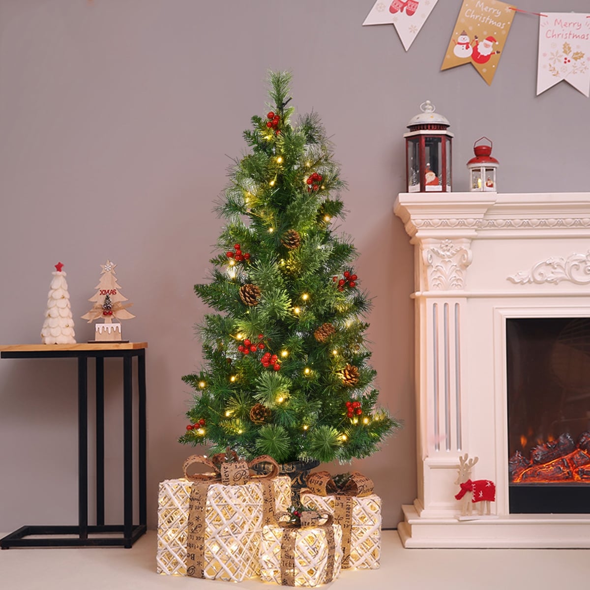 3'/4'/5' LED Christmas Entrance Tree w/ Red Berries Pine Cones-3'-Christmas Trees-DECOROLALA