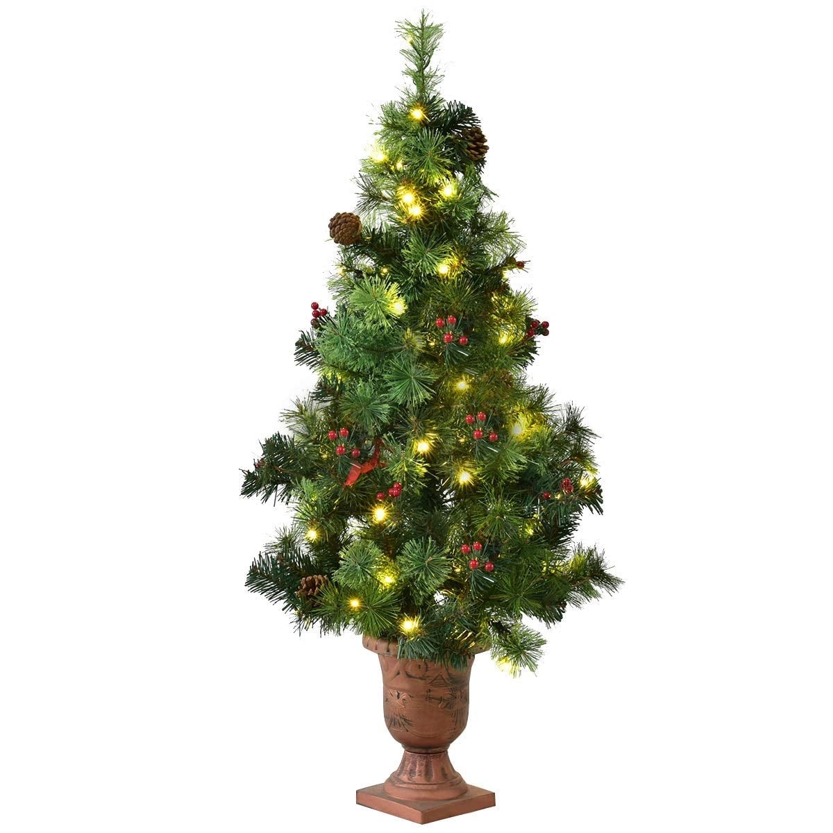 3'/4'/5' LED Christmas Entrance Tree w/ Red Berries Pine Cones-4'-Christmas Trees-DECOROLALA