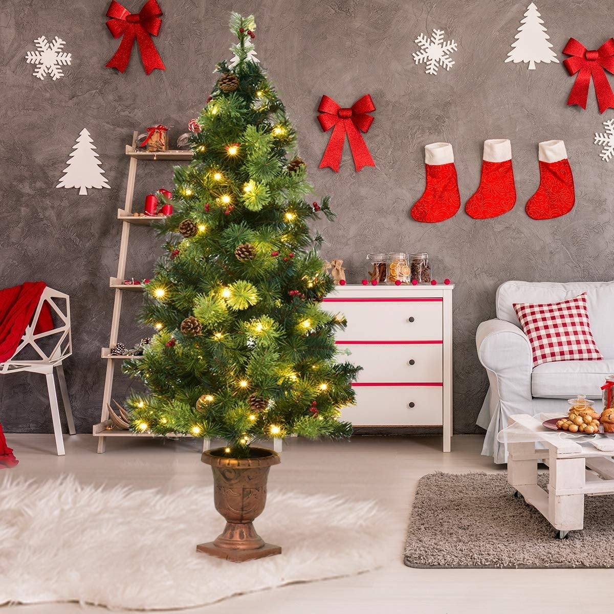 3'/4'/5' LED Christmas Entrance Tree w/ Red Berries Pine Cones-4'-Christmas Trees-DECOROLALA
