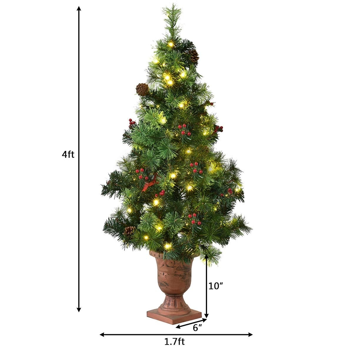 3'/4'/5' LED Christmas Entrance Tree w/ Red Berries Pine Cones-4'-Christmas Trees-DECOROLALA
