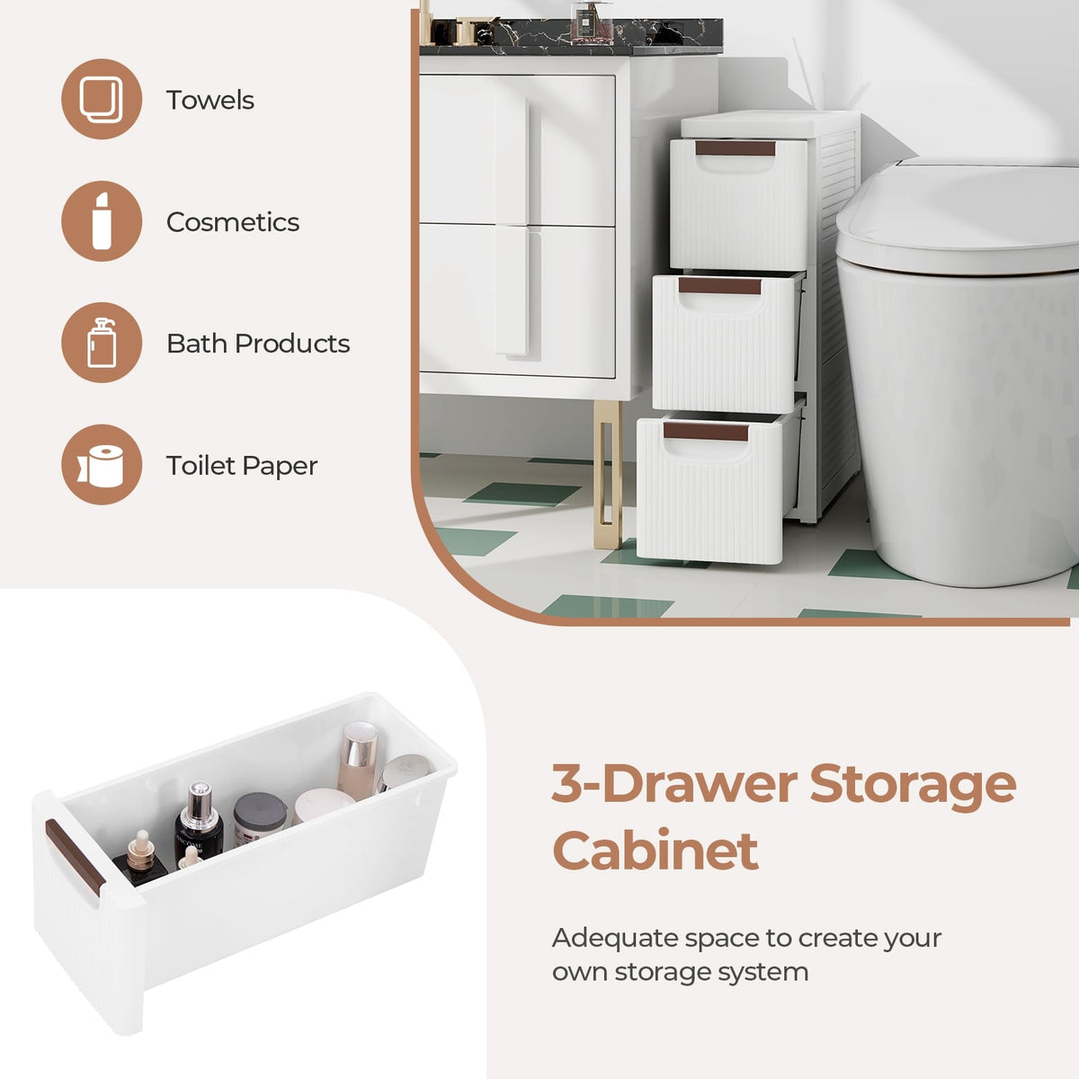 3/4/5/6-Drawer Rolling Organizer Unit Narrow Storage Cabinet with Built-In Wheels for Small Space-3-Drawer-Dressers & Chests-DECOROLALA