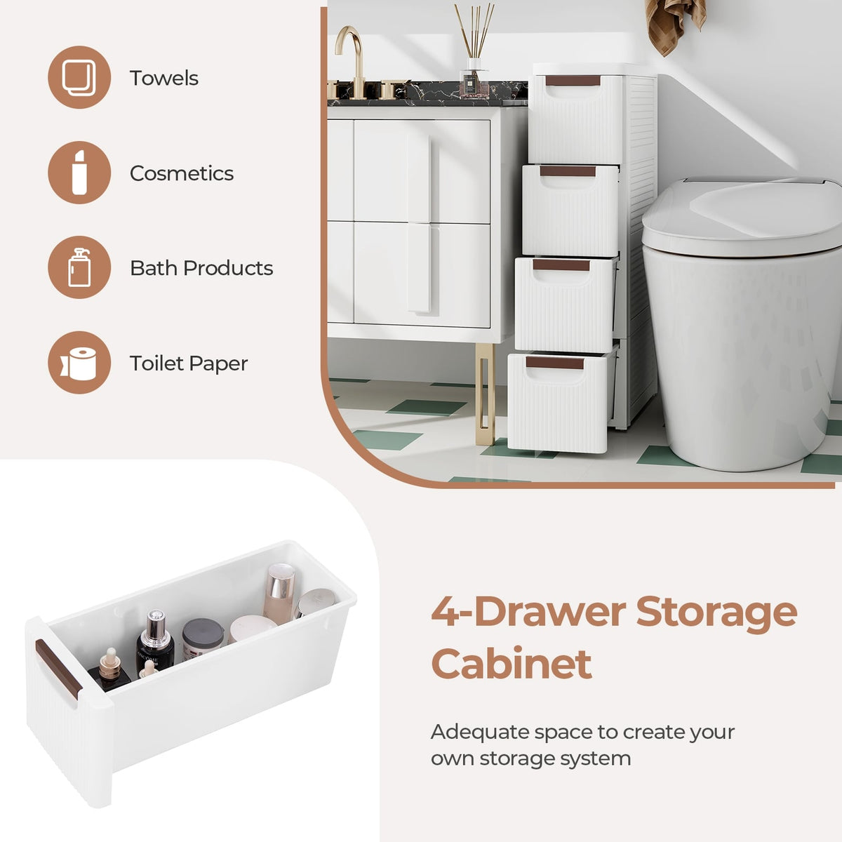 3/4/5/6-Drawer Rolling Organizer Unit Narrow Storage Cabinet with Built-In Wheels for Small Space-4-Drawer-Dressers & Chests-DECOROLALA