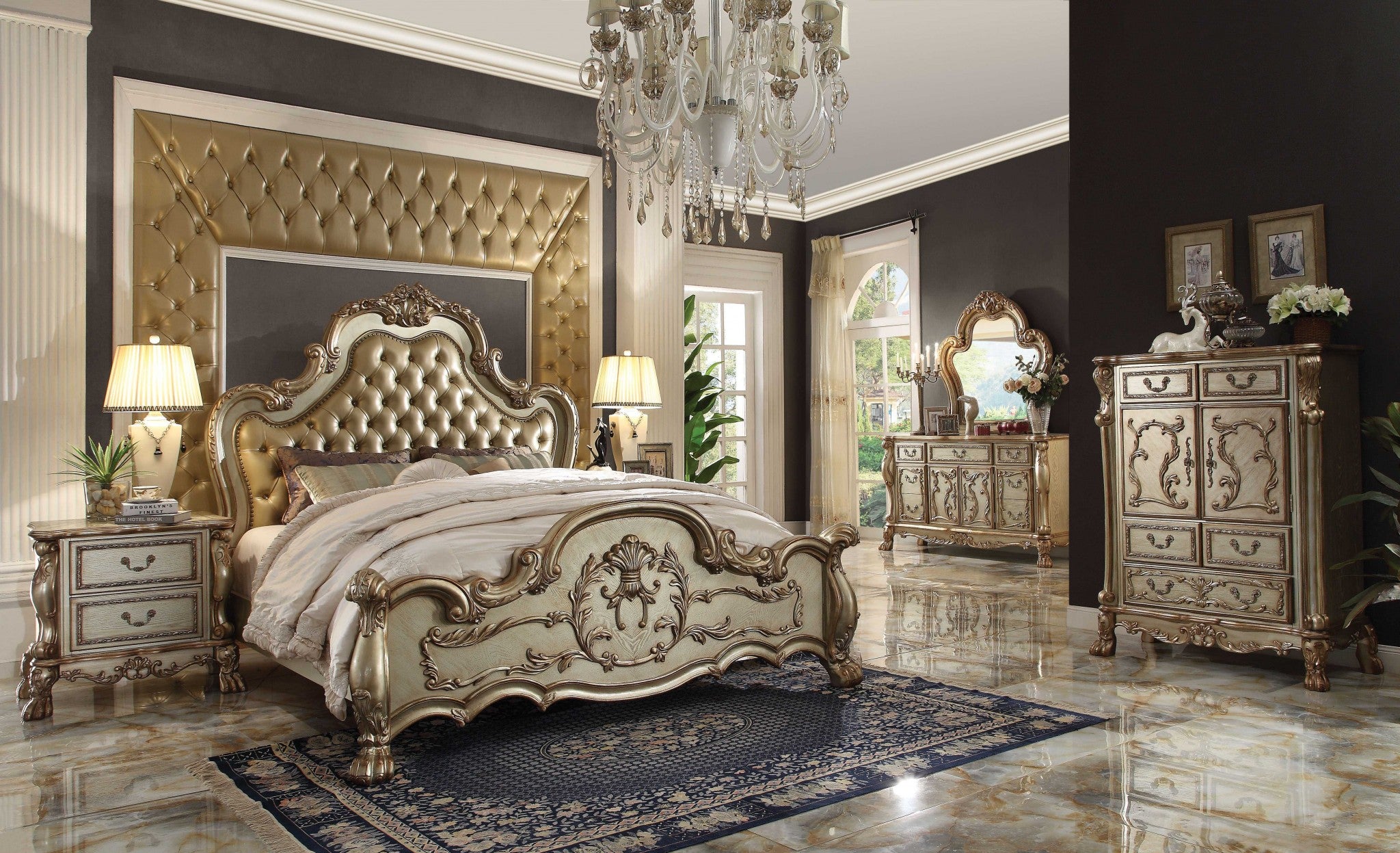 66" Gold Solid Wood Carved Scrollwork Seven Drawer Sideboard with Two Doors-Sideboards-DECOROLALA