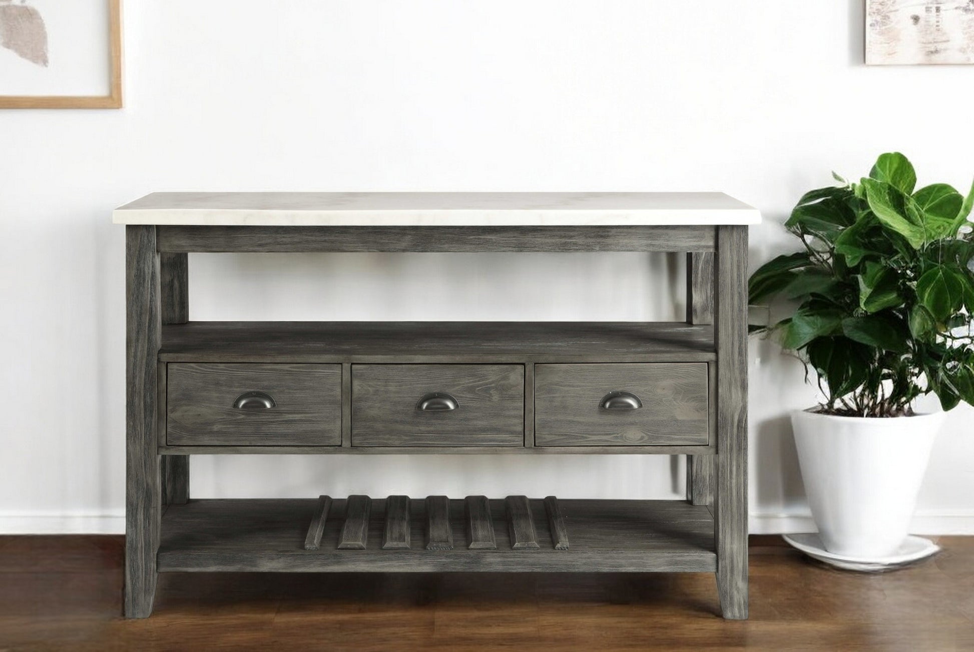 18" X 54" X 36" White Marble Gray Oak Wood Server-Sideboards-DECOROLALA