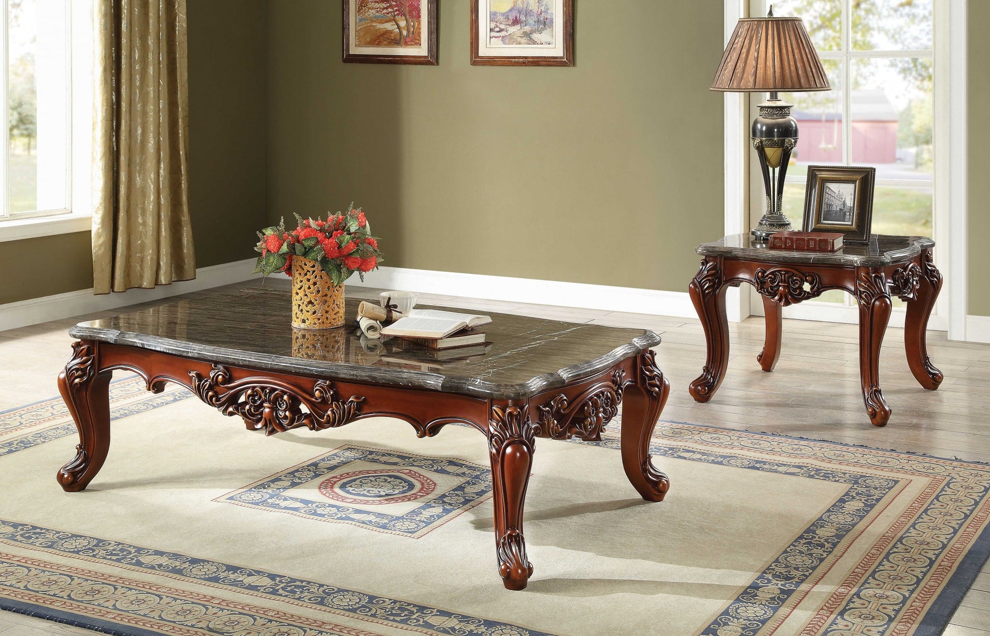 36" Gray and Brown Genuine Marble And Solid Wood Coffee Table-Coffee Tables-DECOROLALA