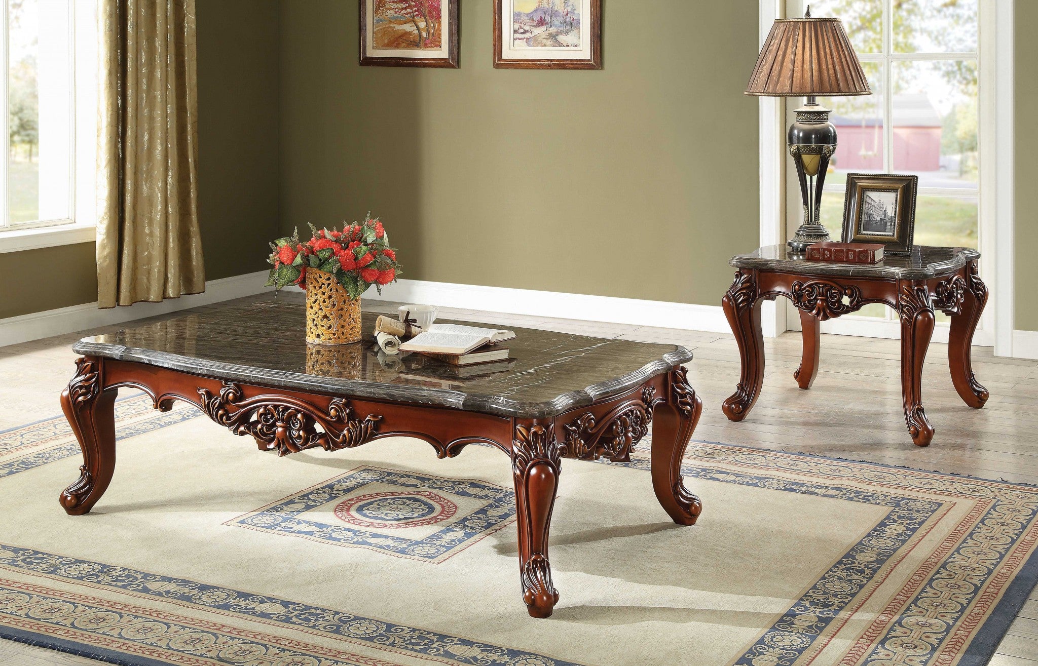 36" Gray and Brown Genuine Marble And Solid Wood Coffee Table-Coffee Tables-DECOROLALA